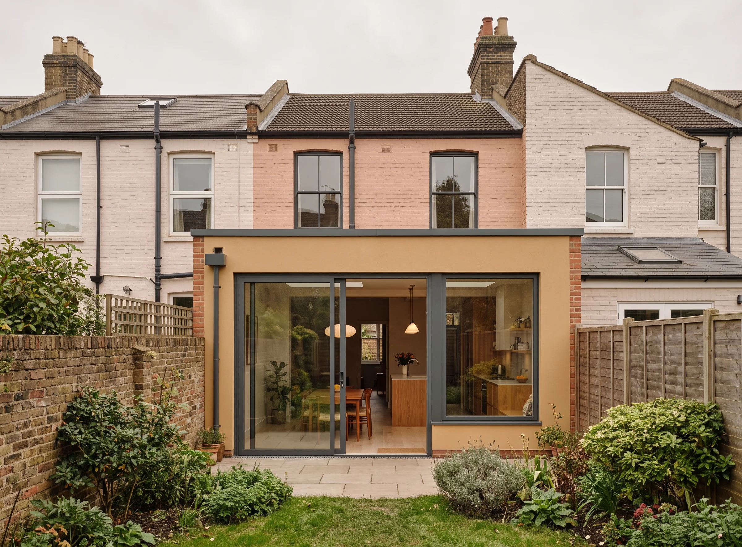 The same back of the terrace after the work, with a brick and glazed kitchen extension, a rooflight and doors open to new paving