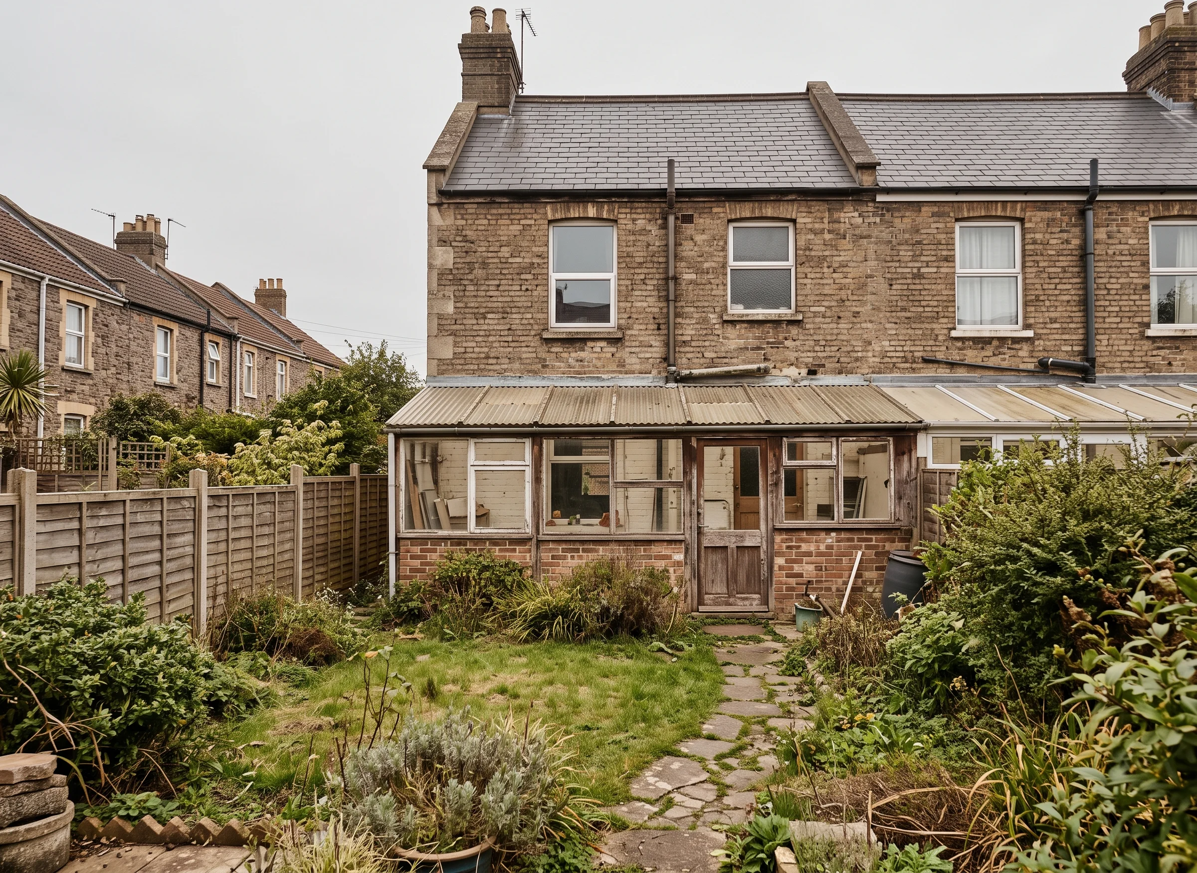 The back of a Victorian terrace before the work, with a corrugated-roofed lean-to, a small window and uneven paving