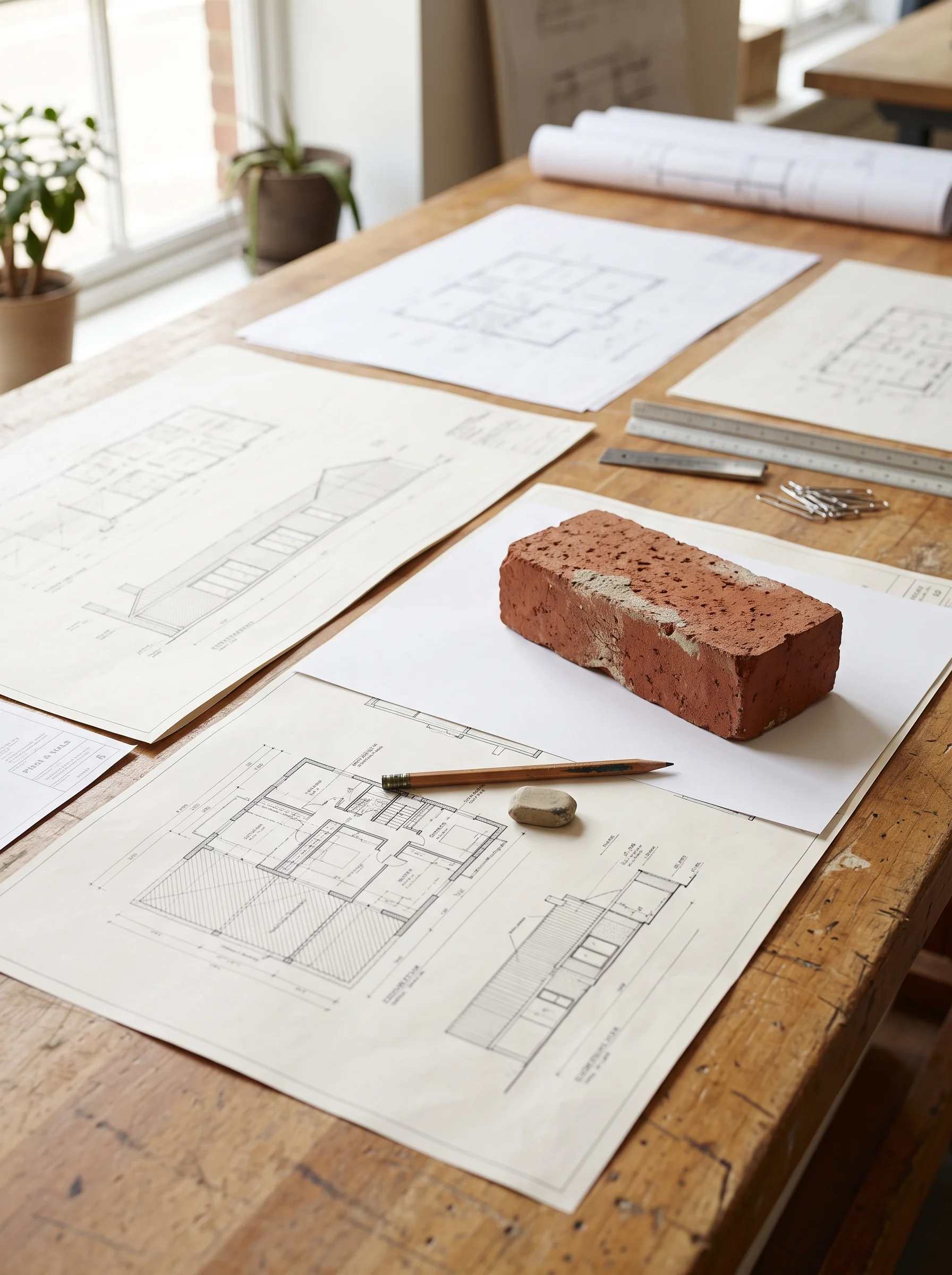 Construction drawings for a rear extension spread on the workshop table, with a pencil, a scale rule and a brick sample beside them