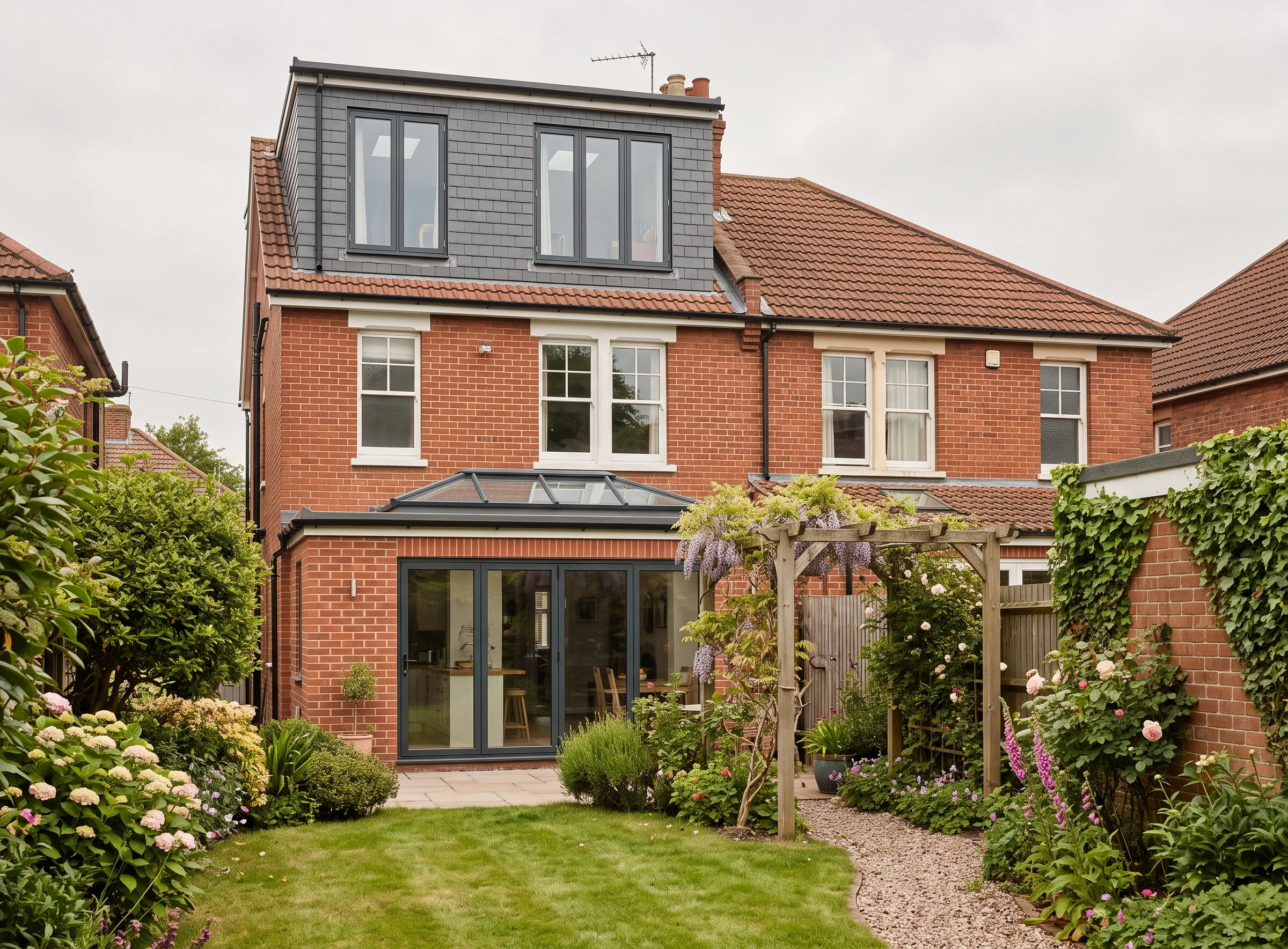 The back of the same Edwardian semi from the garden, with a full-height rear dormer set into the tiled roof