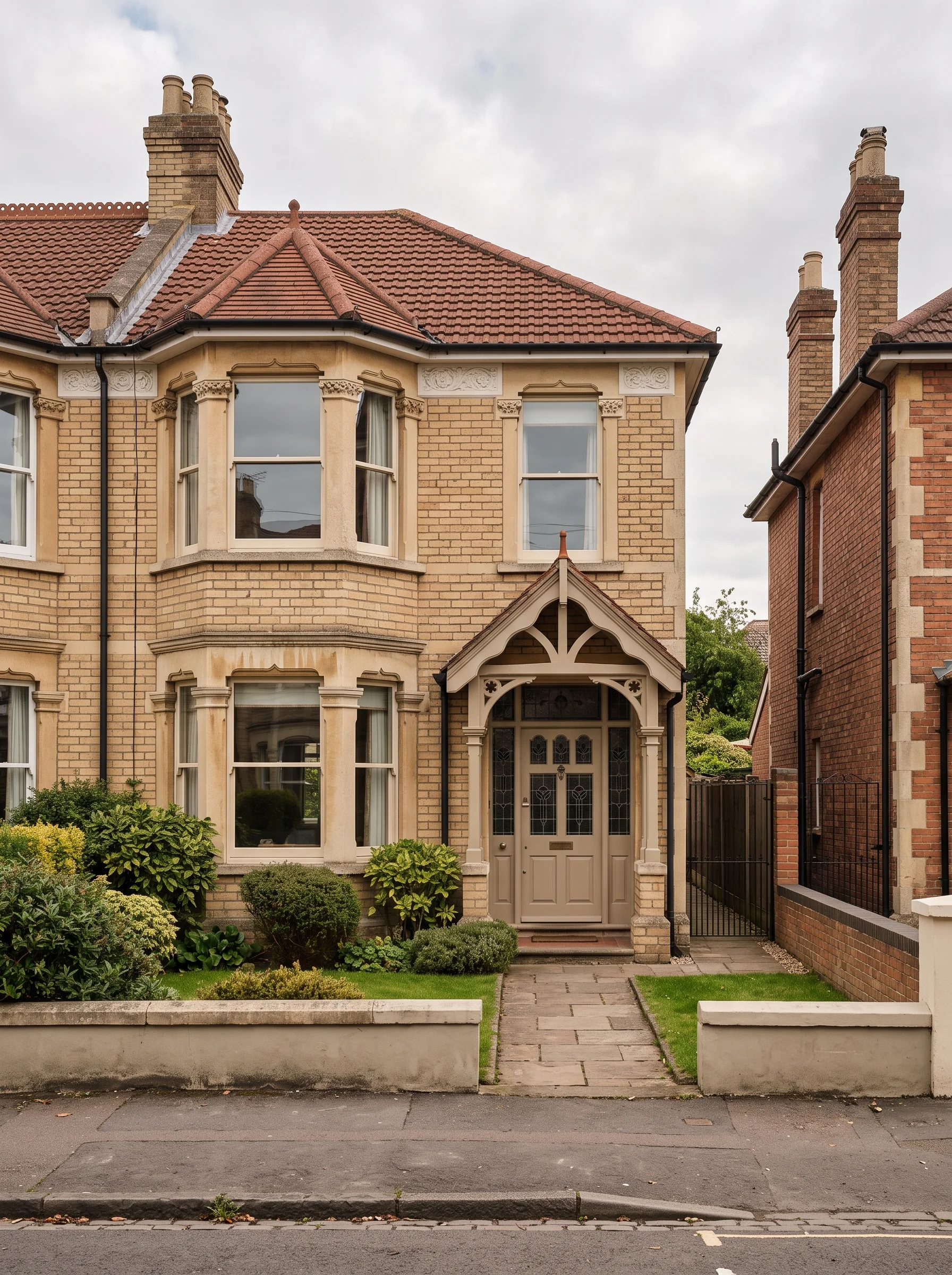 A buff-brick Edwardian semi with a square bay, a beige door under a canopy and a side passage gate