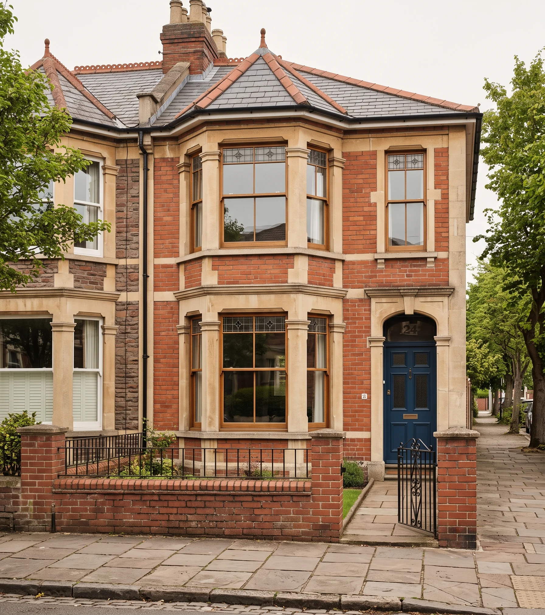 An Edwardian semi with a double-height bay, a gable and a recessed porch, seen straight on from the road