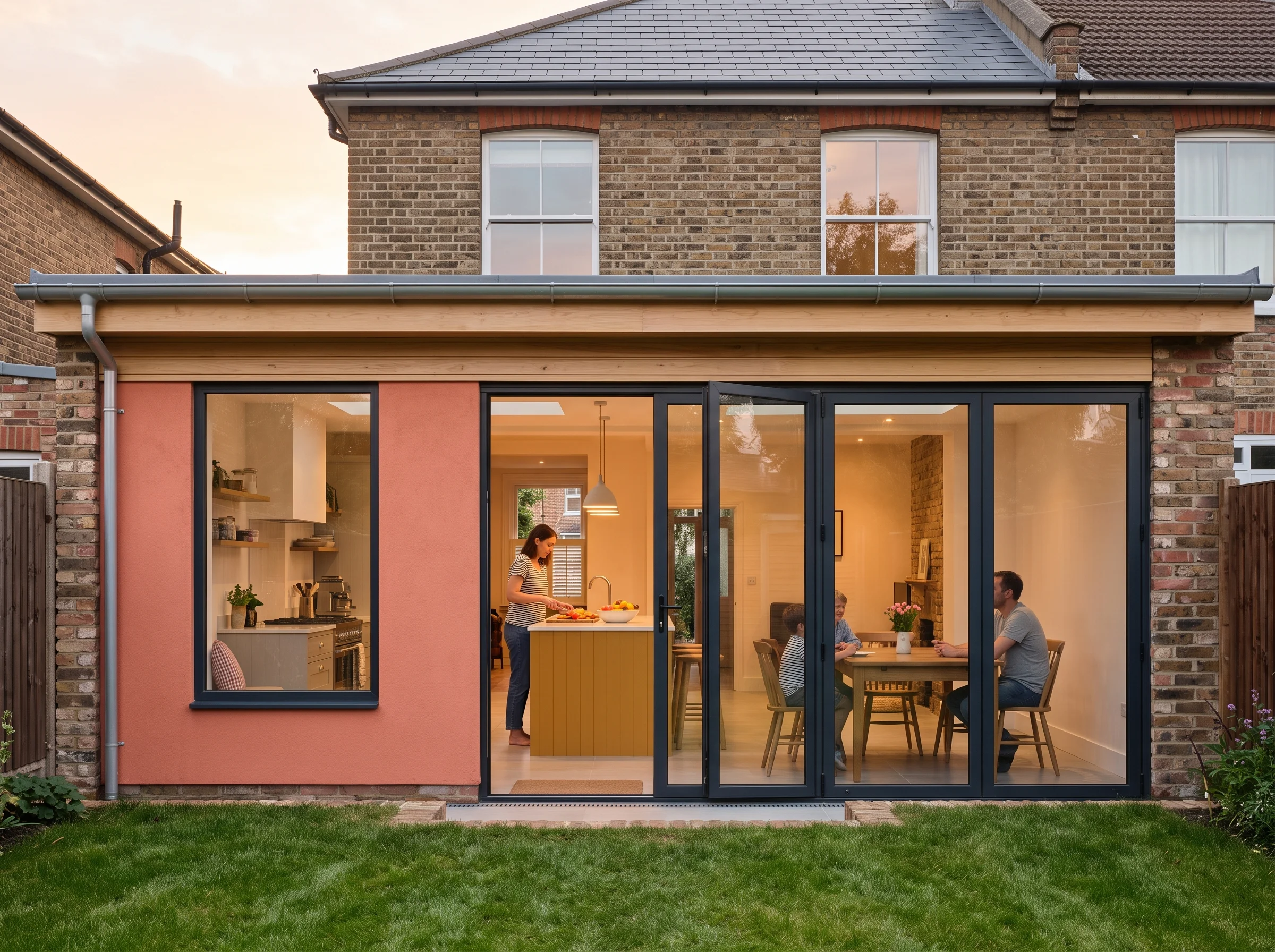 The full-width kitchen extension behind the same semi, seen from the lawn through long glazed doors