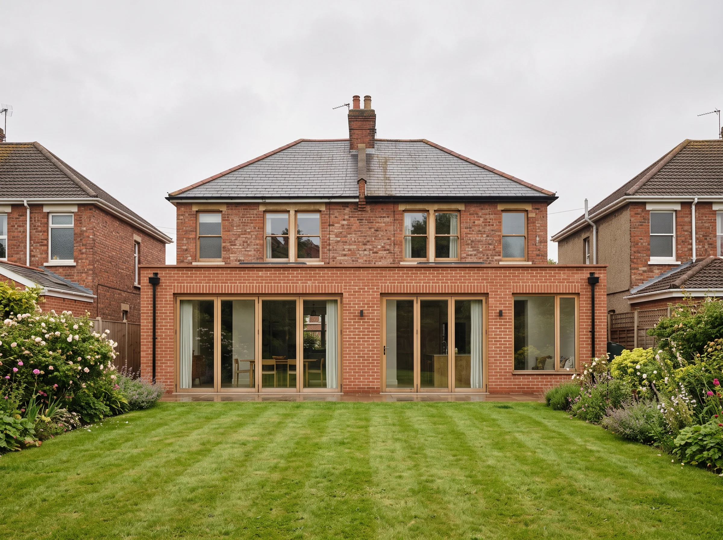After: the same back of the semi with one wide brick extension, a long rooflight and glazed doors onto a stone terrace