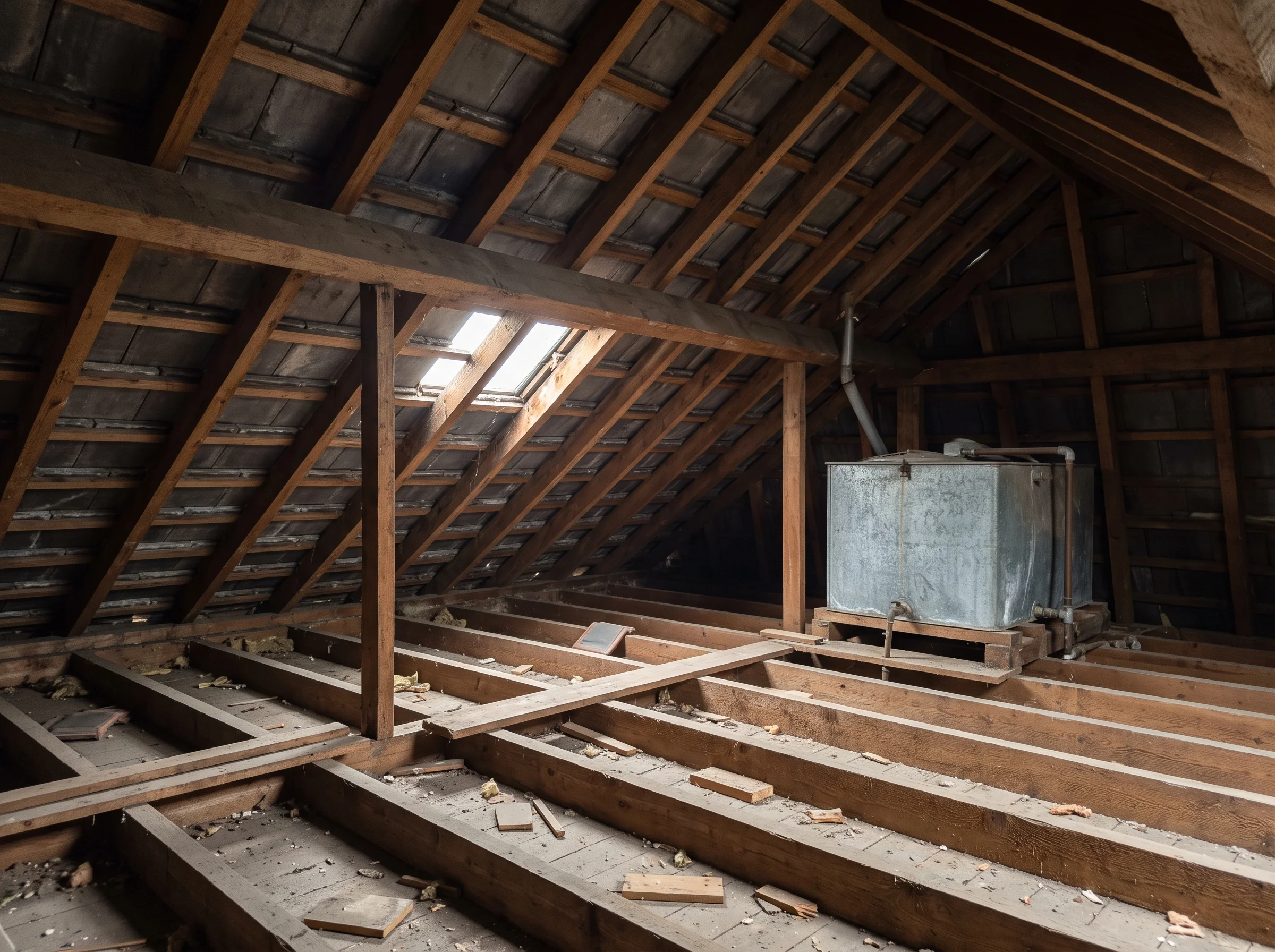 Before: the unconverted loft with bare rafters, a water tank and boxes, lit by one small gable window