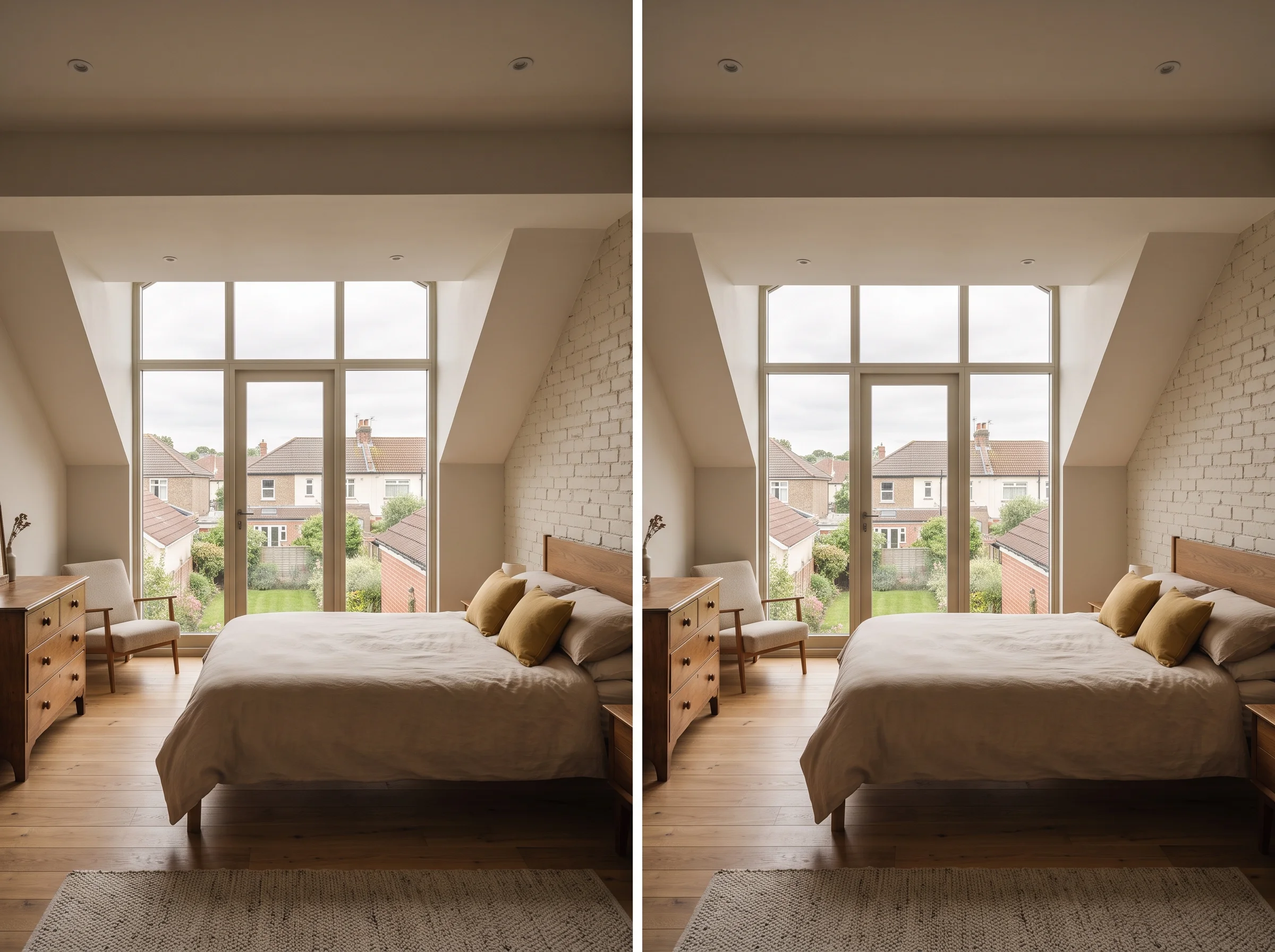 After: the same loft as a bedroom, with a full-height dormer window looking over the gardens