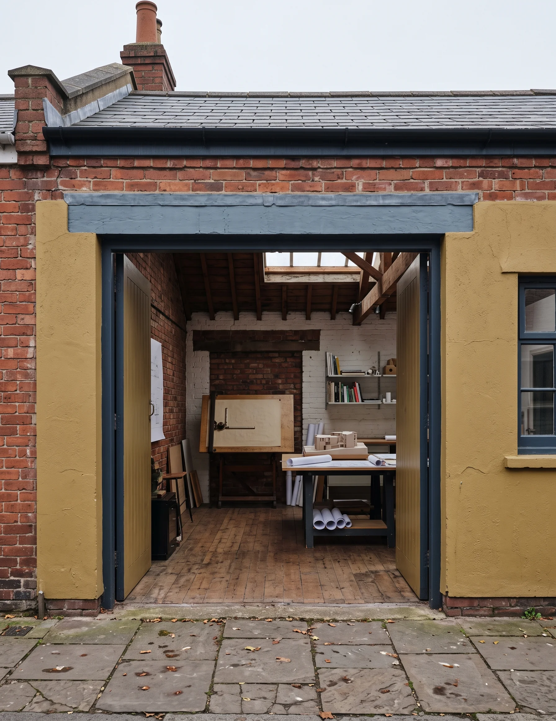 The brick street frontage of the converted workshop in Southville, with the painted studio door open and a drawing board visible inside