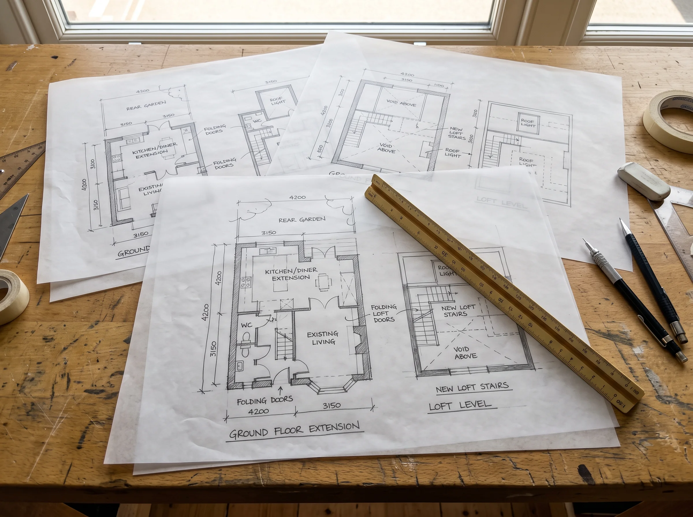 Two pencil-sketched kitchen layouts on tracing paper over a survey drawing, with a scale rule