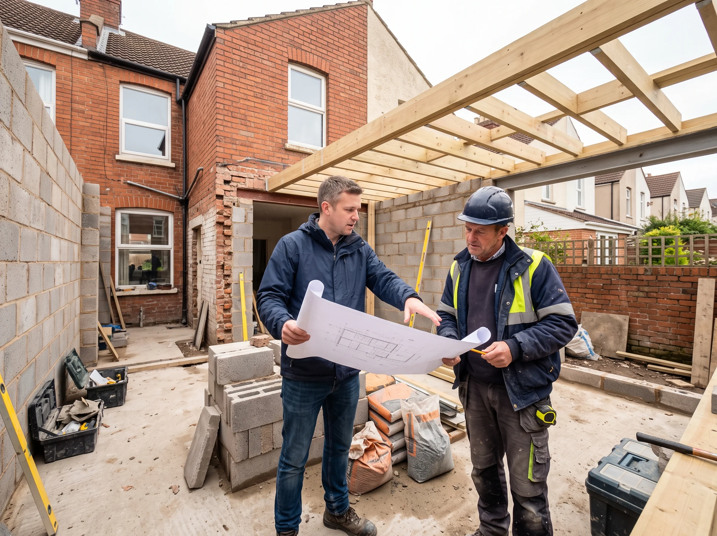 An architect and a builder looking at a drawing inside the half-built shell of a rear extension