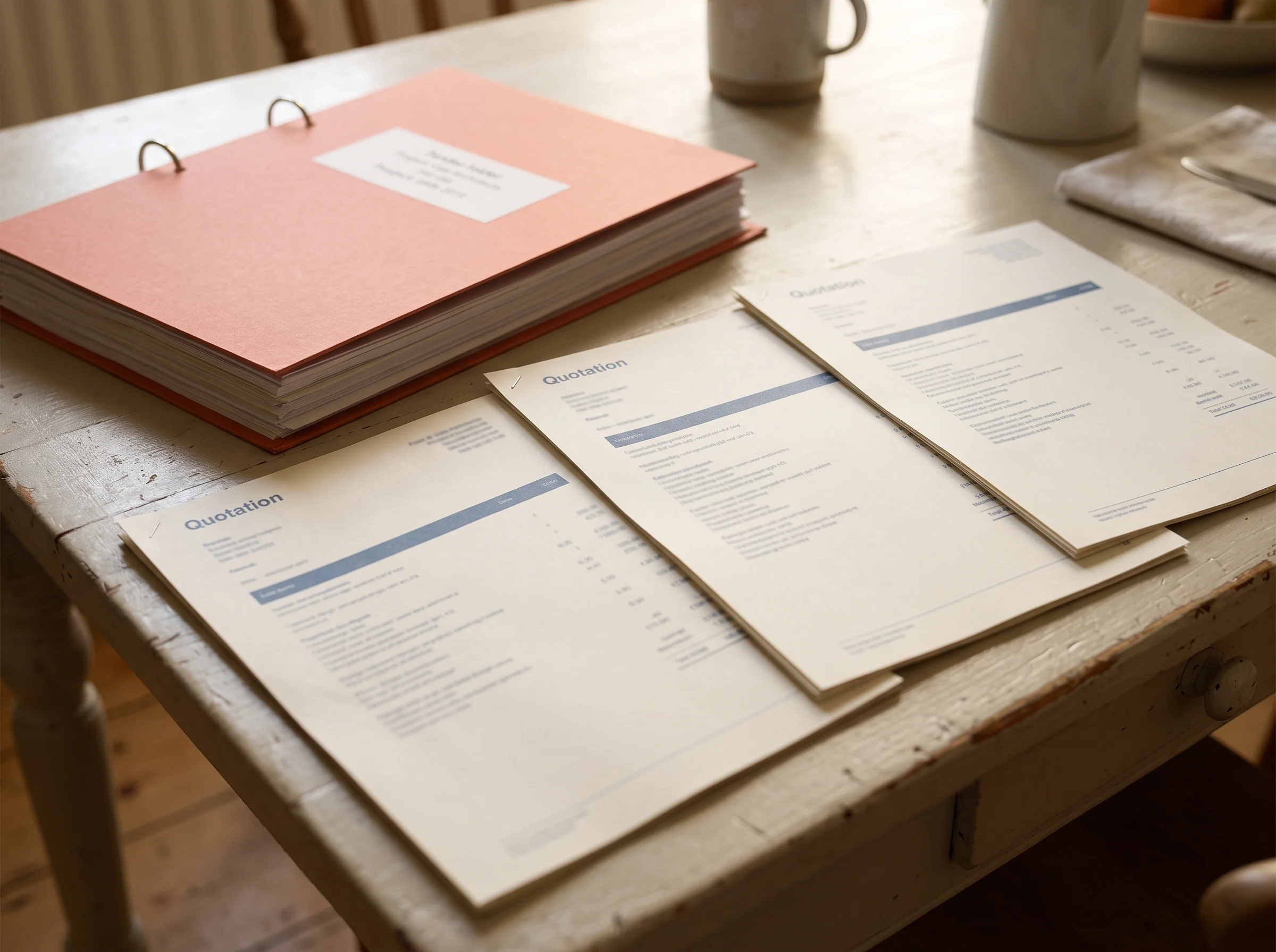 A thick orange folder and three priced quotation papers laid on a wooden kitchen table.