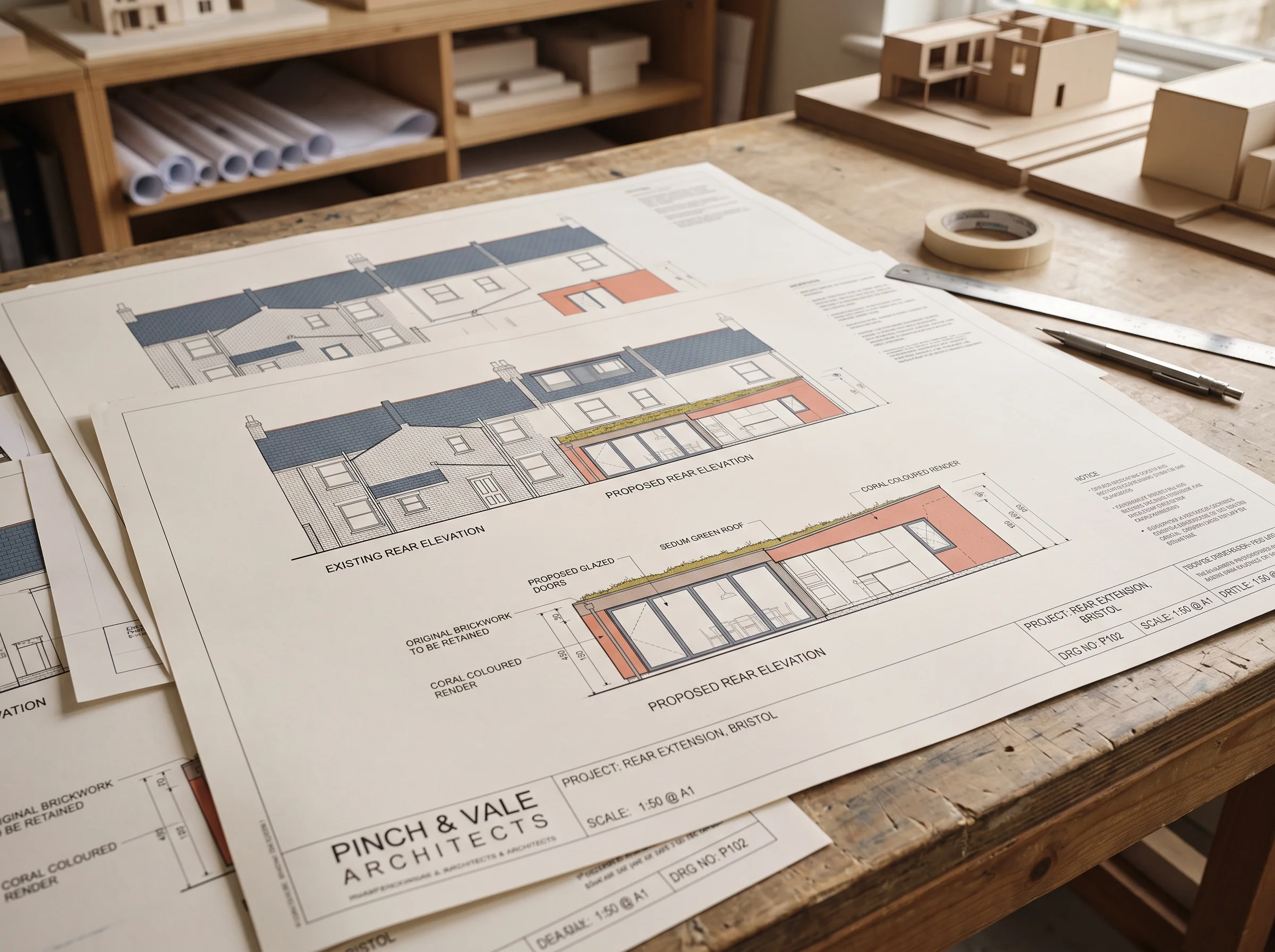A printed planning drawing showing the existing and proposed rear elevations of a terrace extension
