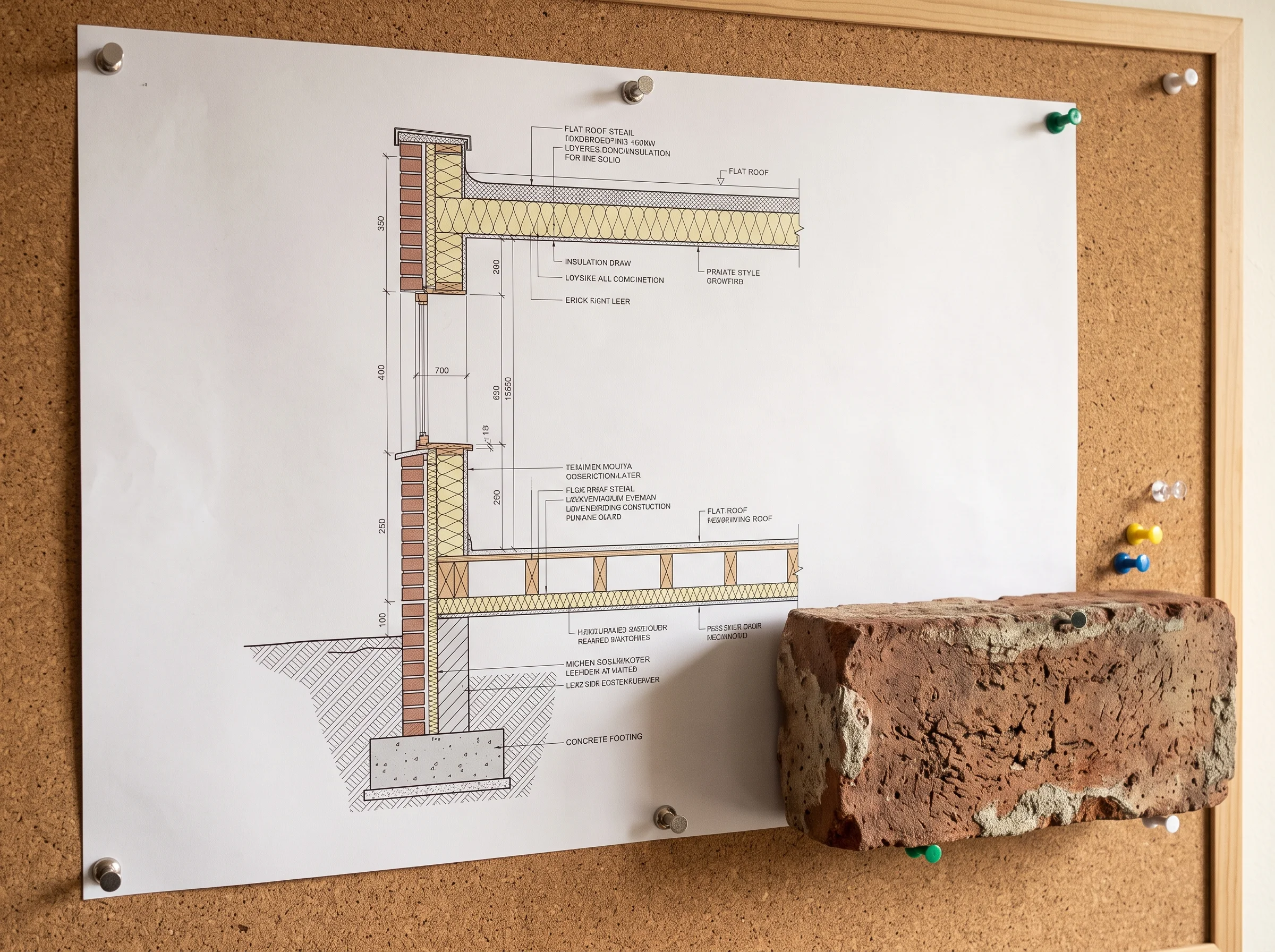A construction section drawing of an extension pinned to a board with a brick sample beside it