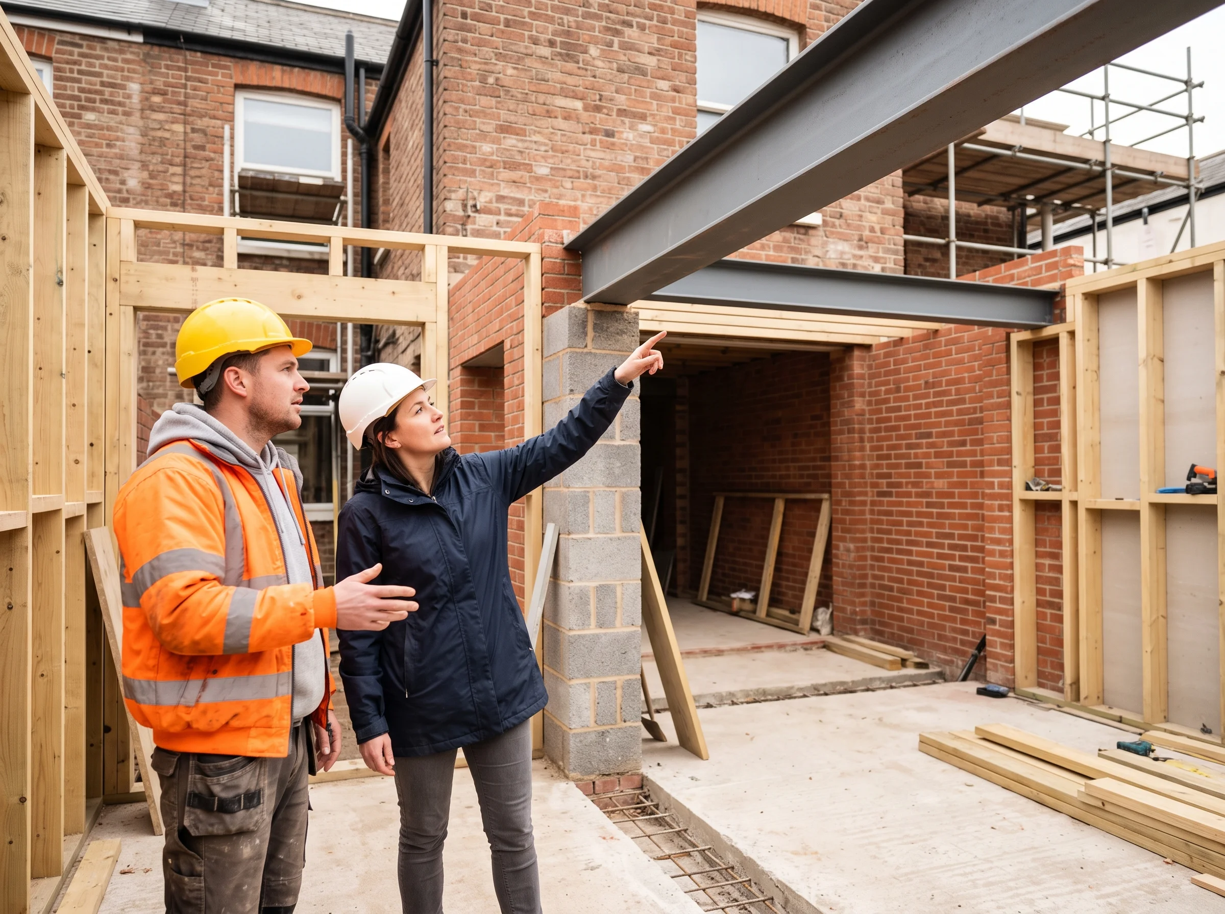 An architect in a hard hat pointing at a new steel beam in a half-built extension while a builder looks on