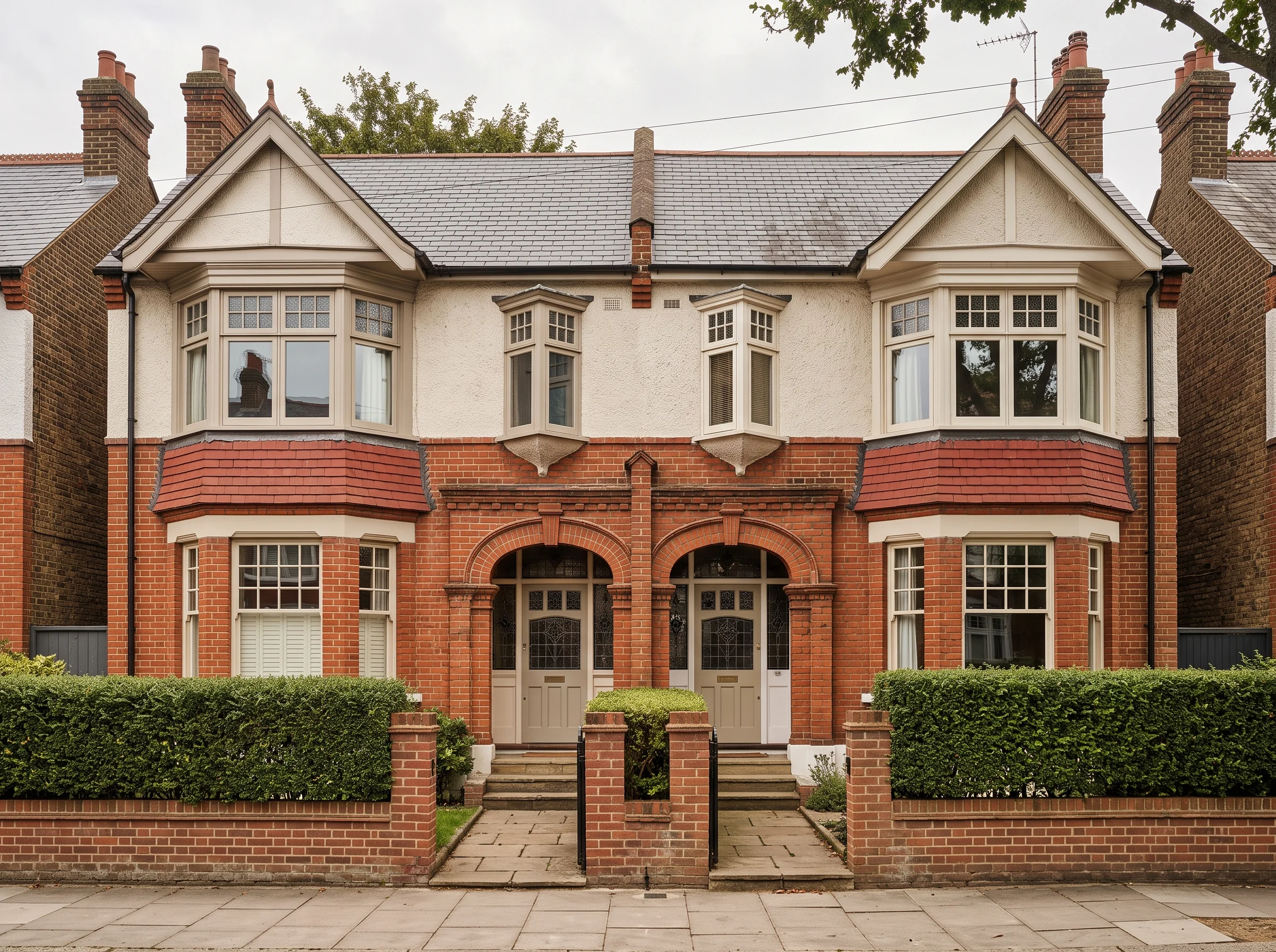 A red-brick Edwardian semi-detached house with a gabled bay and tiled porch, seen from the pavement