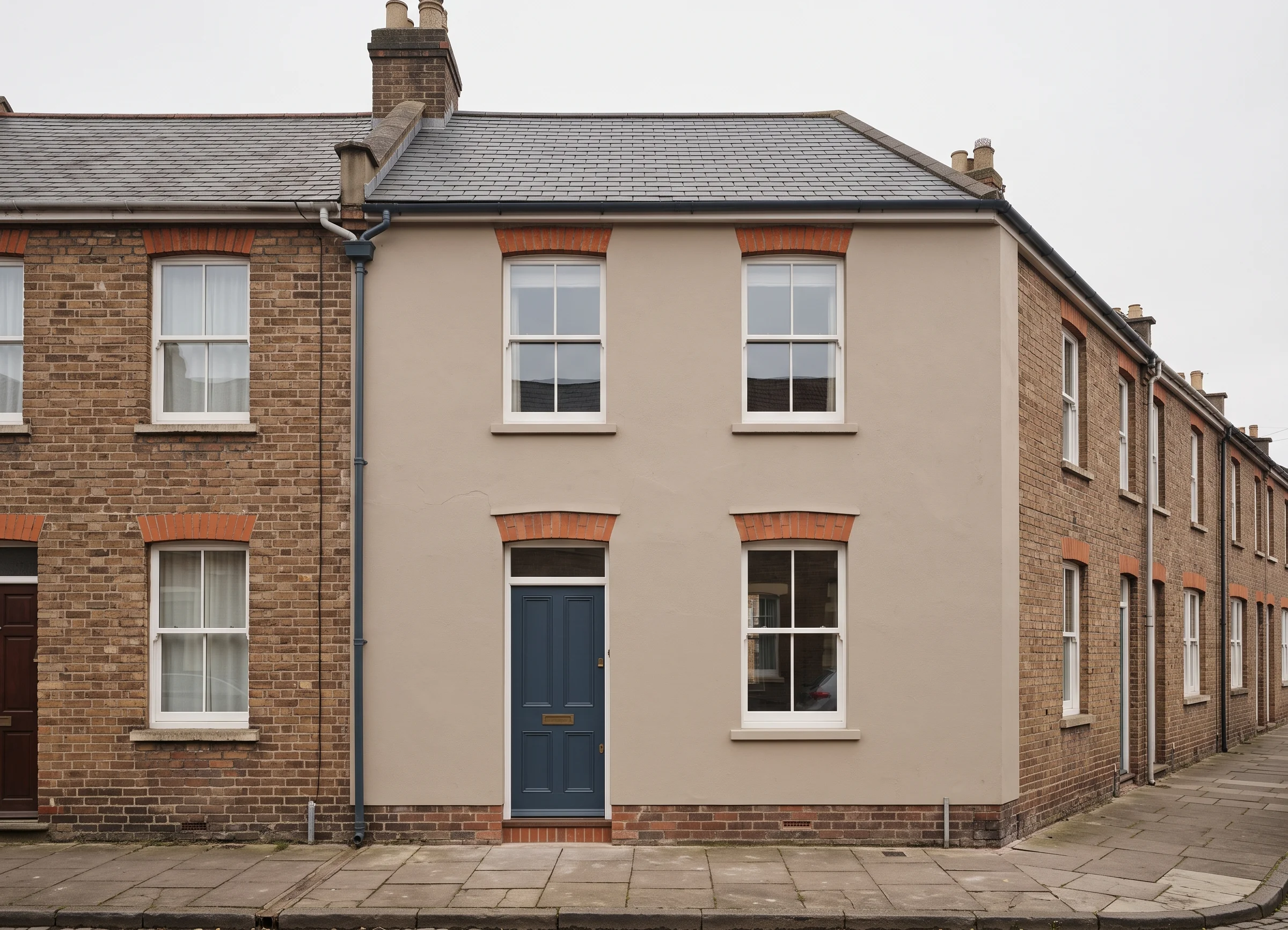 A narrow flat-fronted two-up two-down terrace house painted dusty pink, opening straight onto the pavement