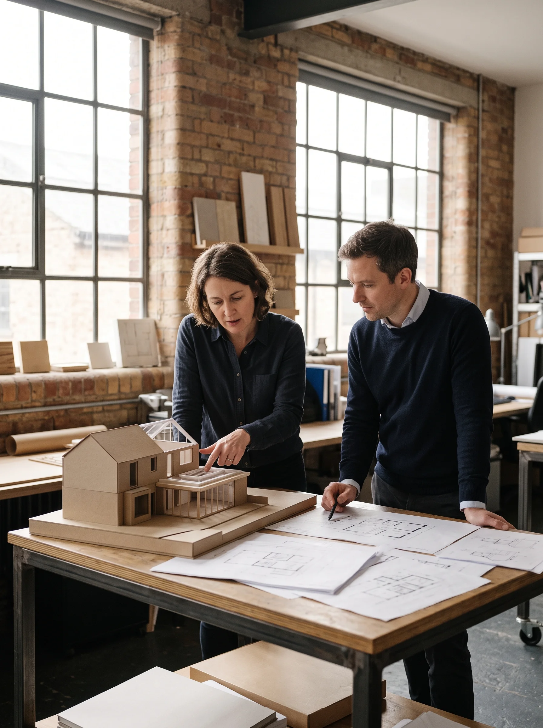 Ruth Pinch and Oli Vale at the work table in the Southville workshop, with a card model of an extension and rolled drawings in front of them