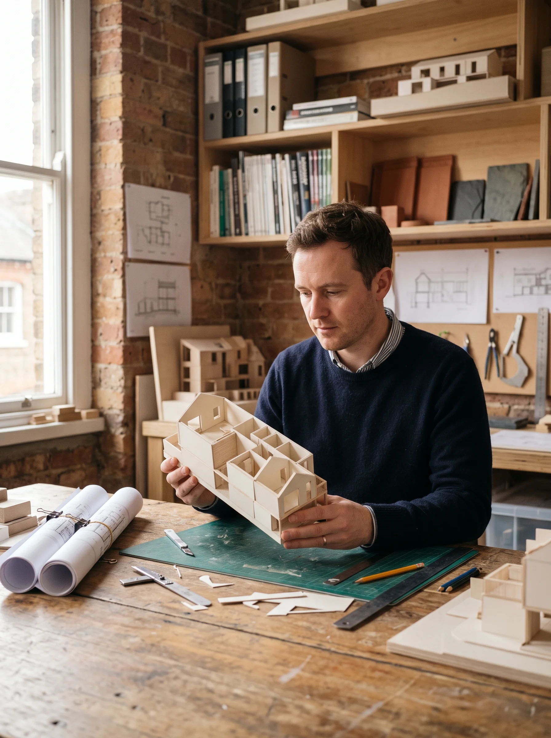 Oli Vale at the end of the workshop table holding a small card model of a loft, with sample shelves and site photographs behind him