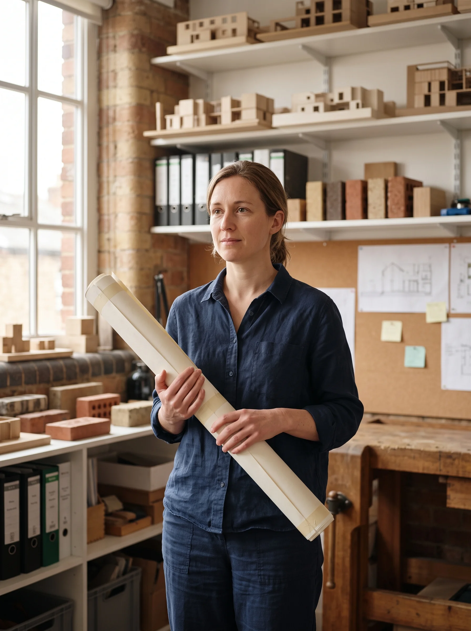 Ruth Pinch by the workshop window with a rolled drawing in hand and a card model of an extension on the table beside her