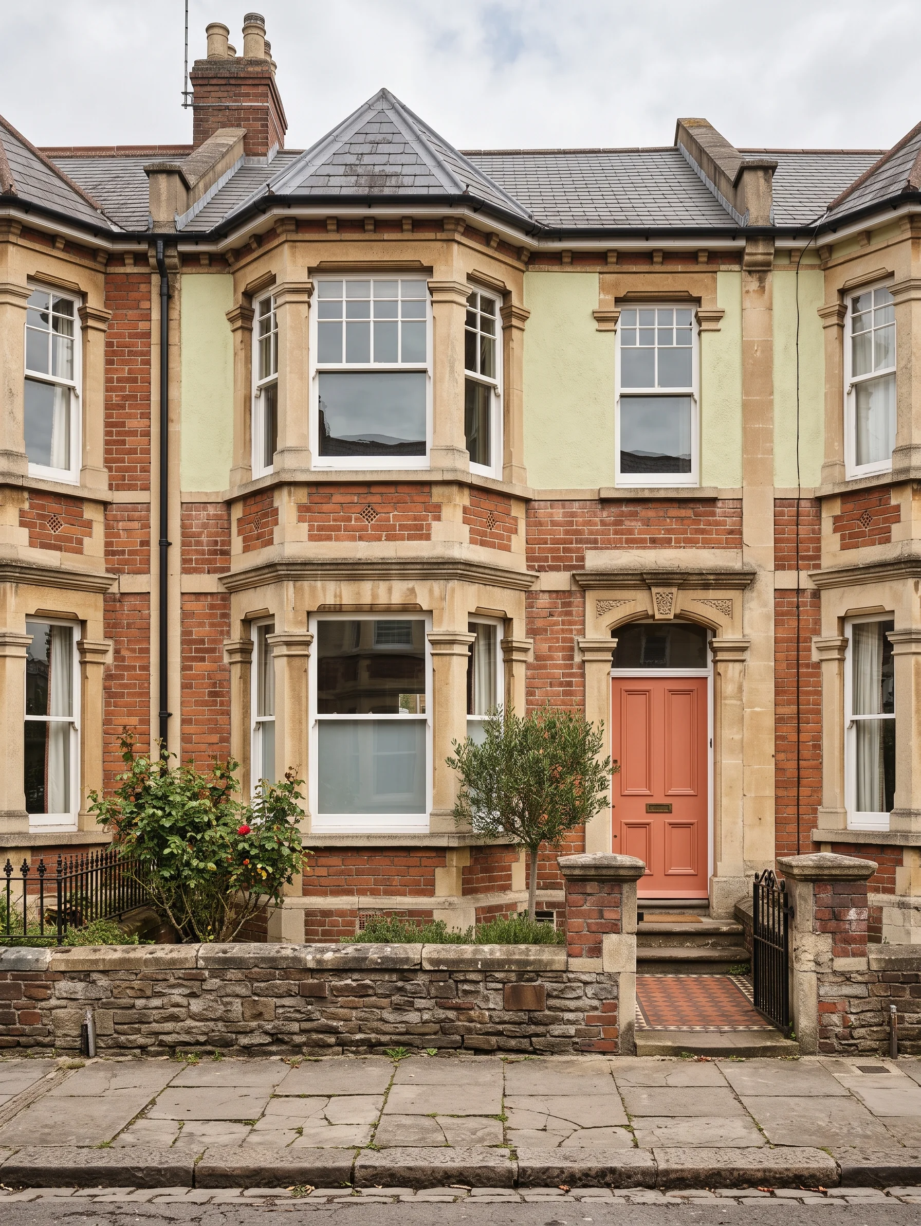 A bay-fronted Victorian terrace house with cream render and a two-storey bay