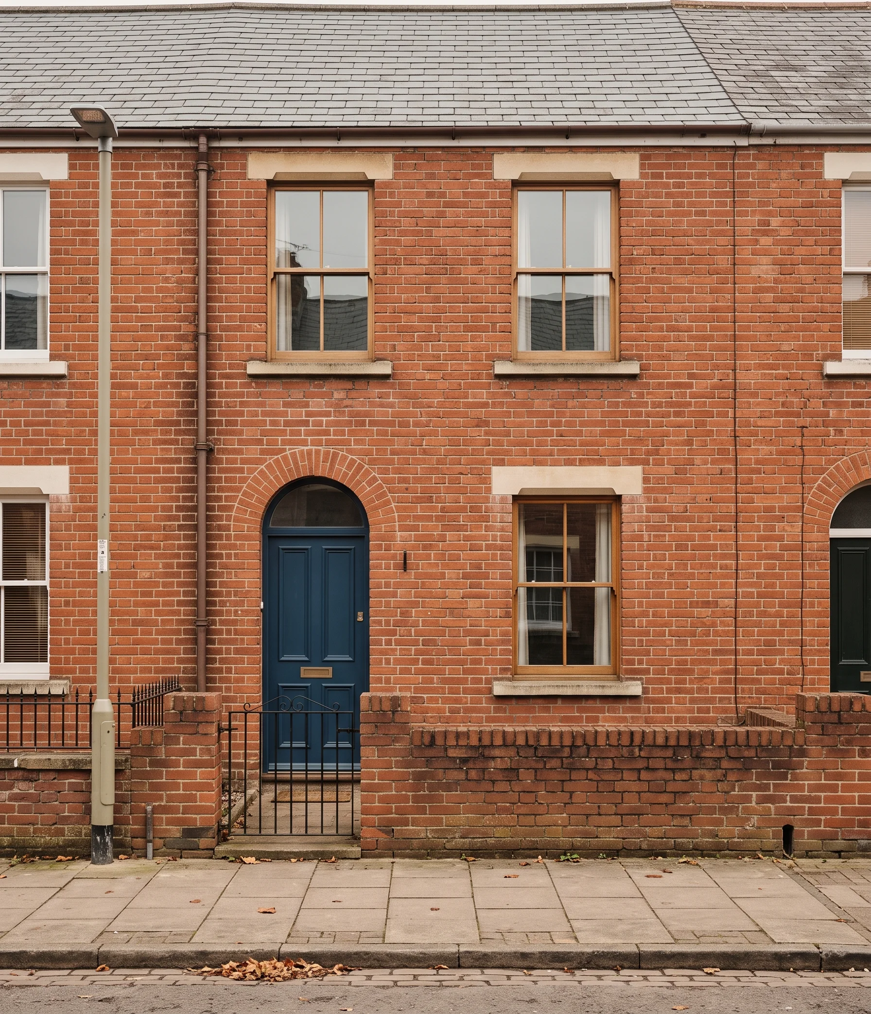 A narrow flat-fronted two-up two-down terrace house in exposed red brick on the pavement with a blue door.