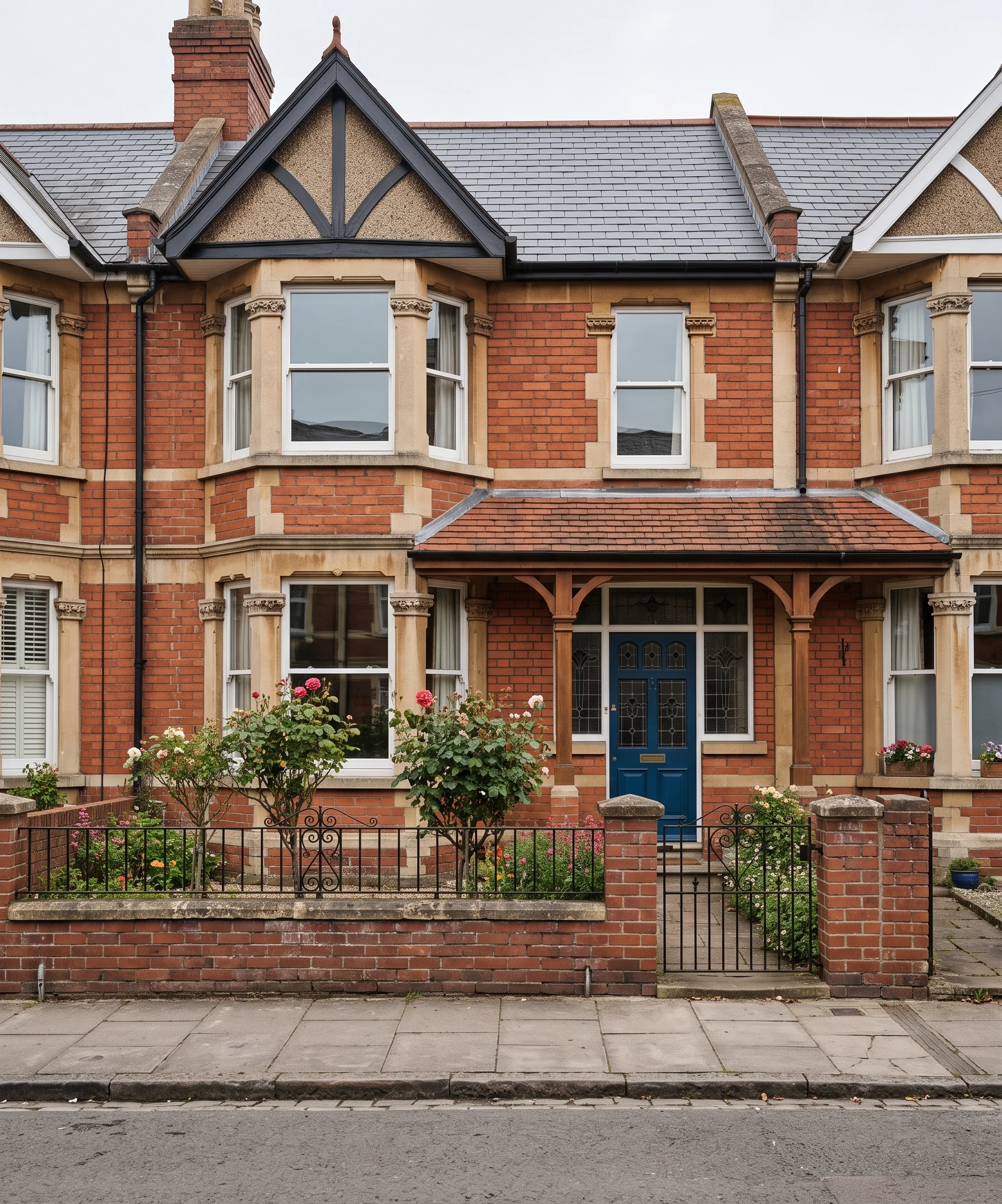 An Edwardian semi-detached house in red brick with a gabled bay and a tiled porch