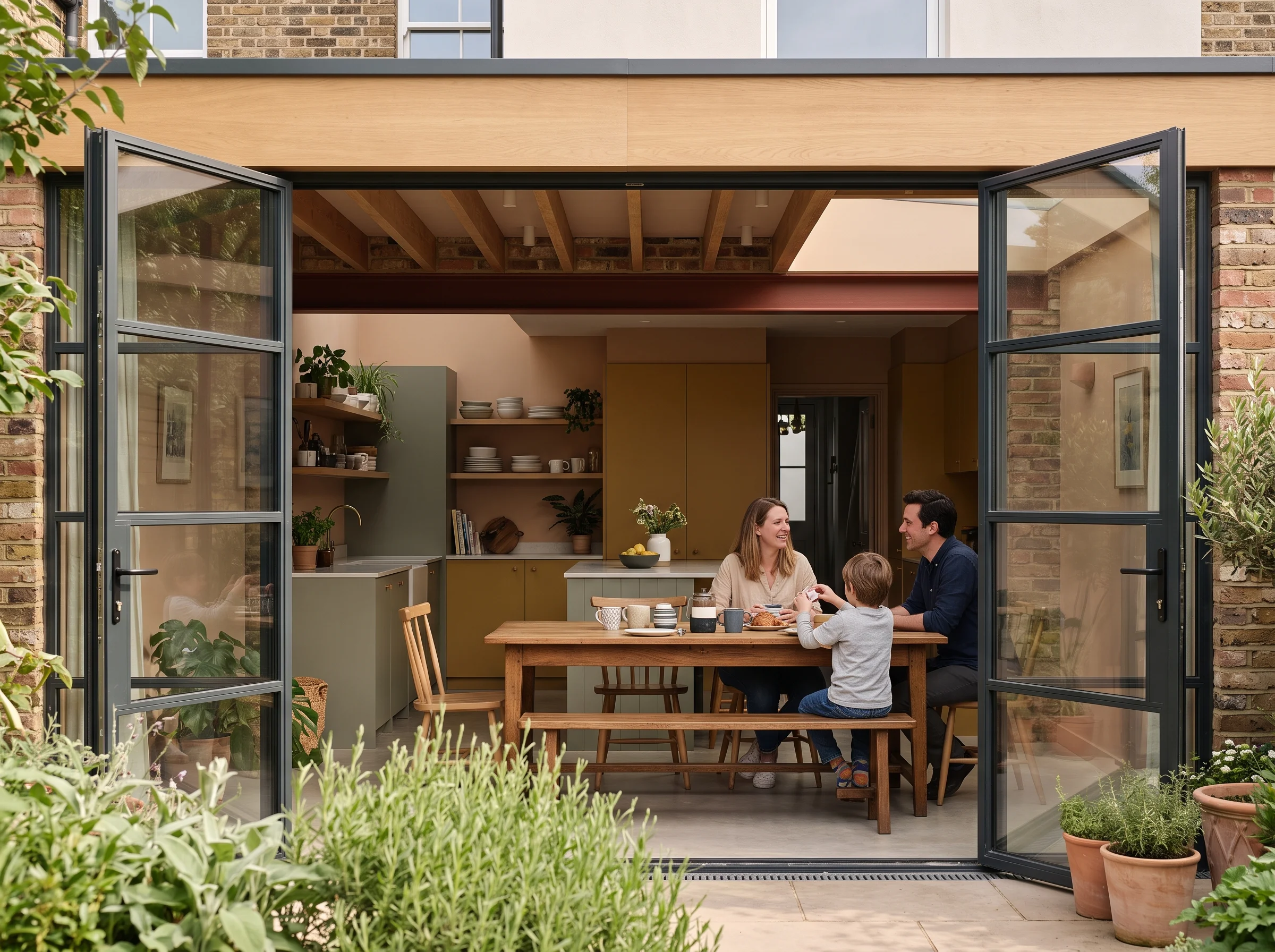 The kitchen extension behind the same terrace, seen from the garden through open glazed doors, with a family at a long table under a rooflight