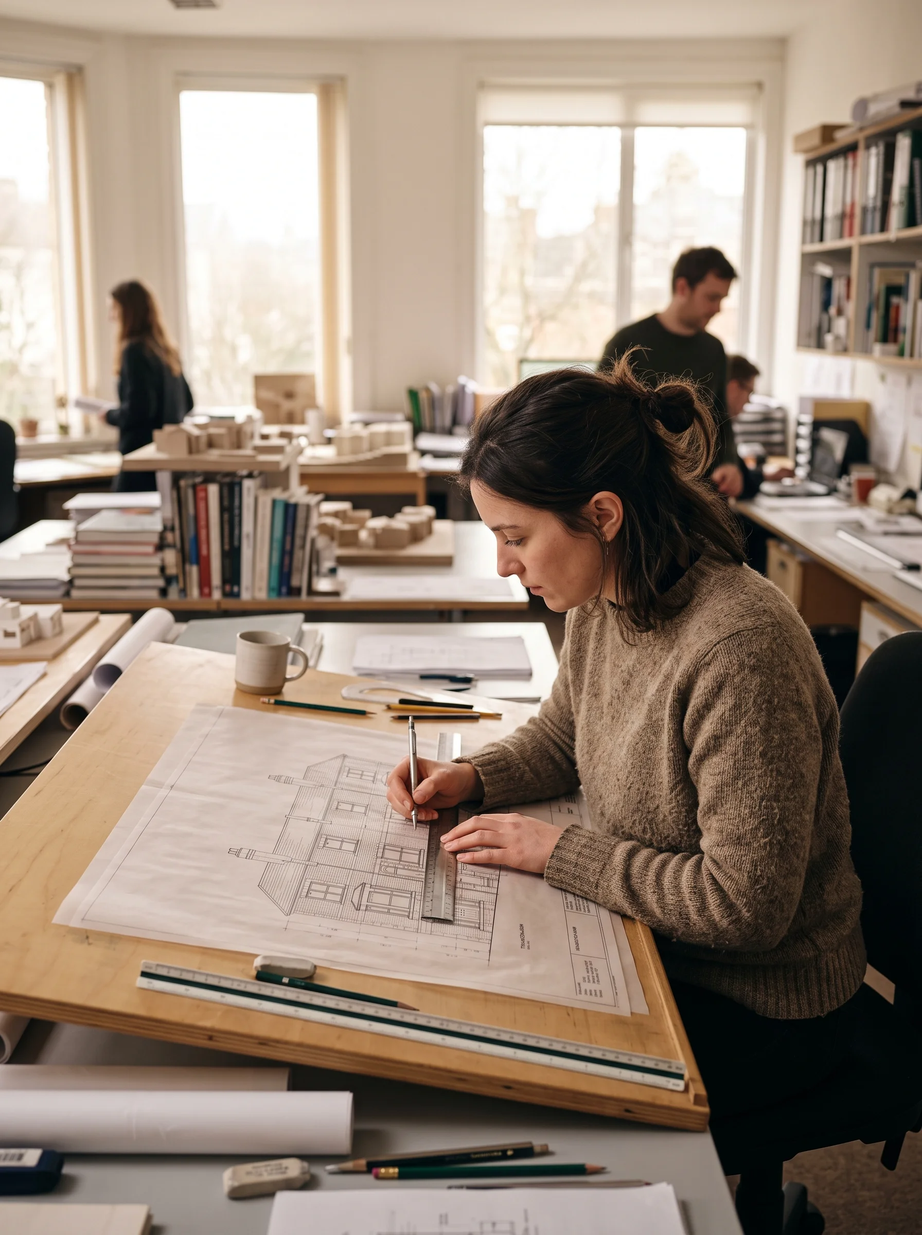 A colleague at the drawing board inking a rear elevation, with a scale rule and coloured pencils beside her
