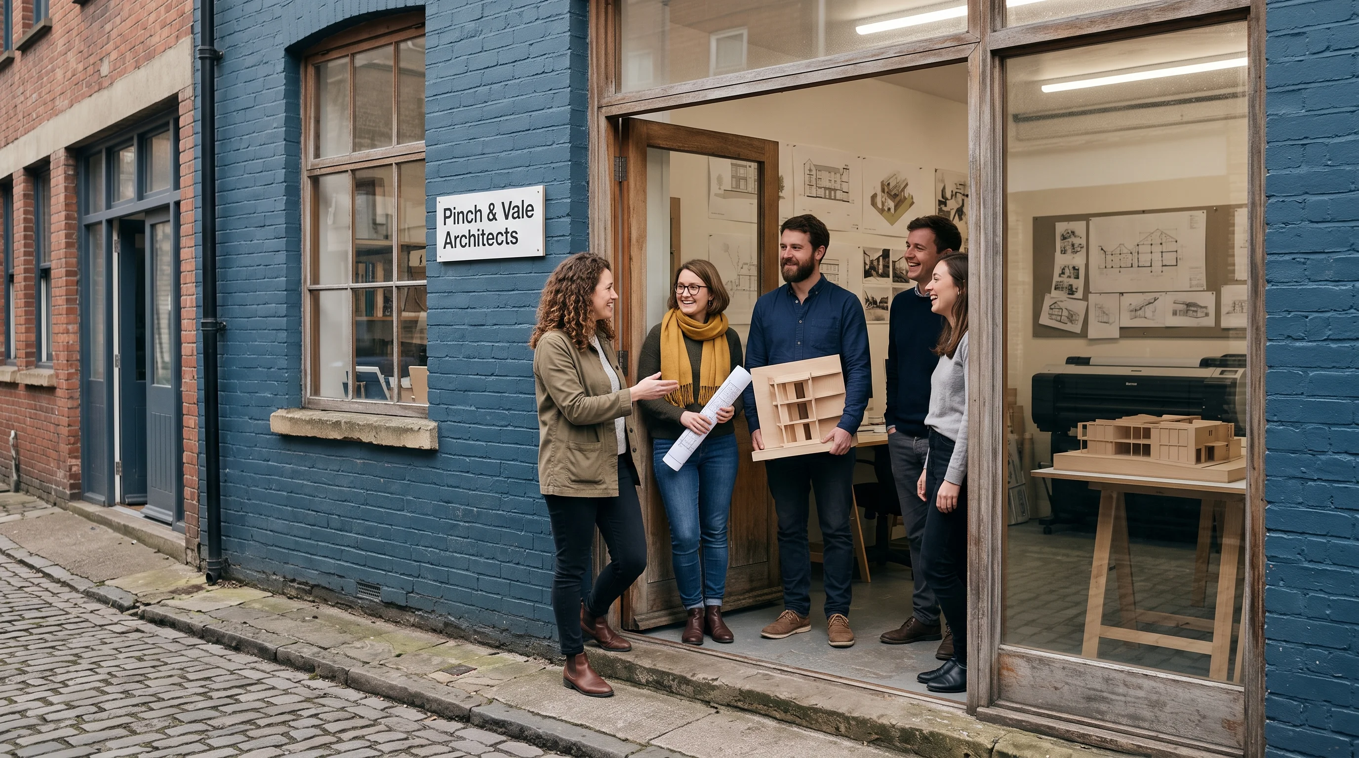 All five of the Pinch & Vale team in the open doorway of the Southville workshop, with painted terraces along the street behind