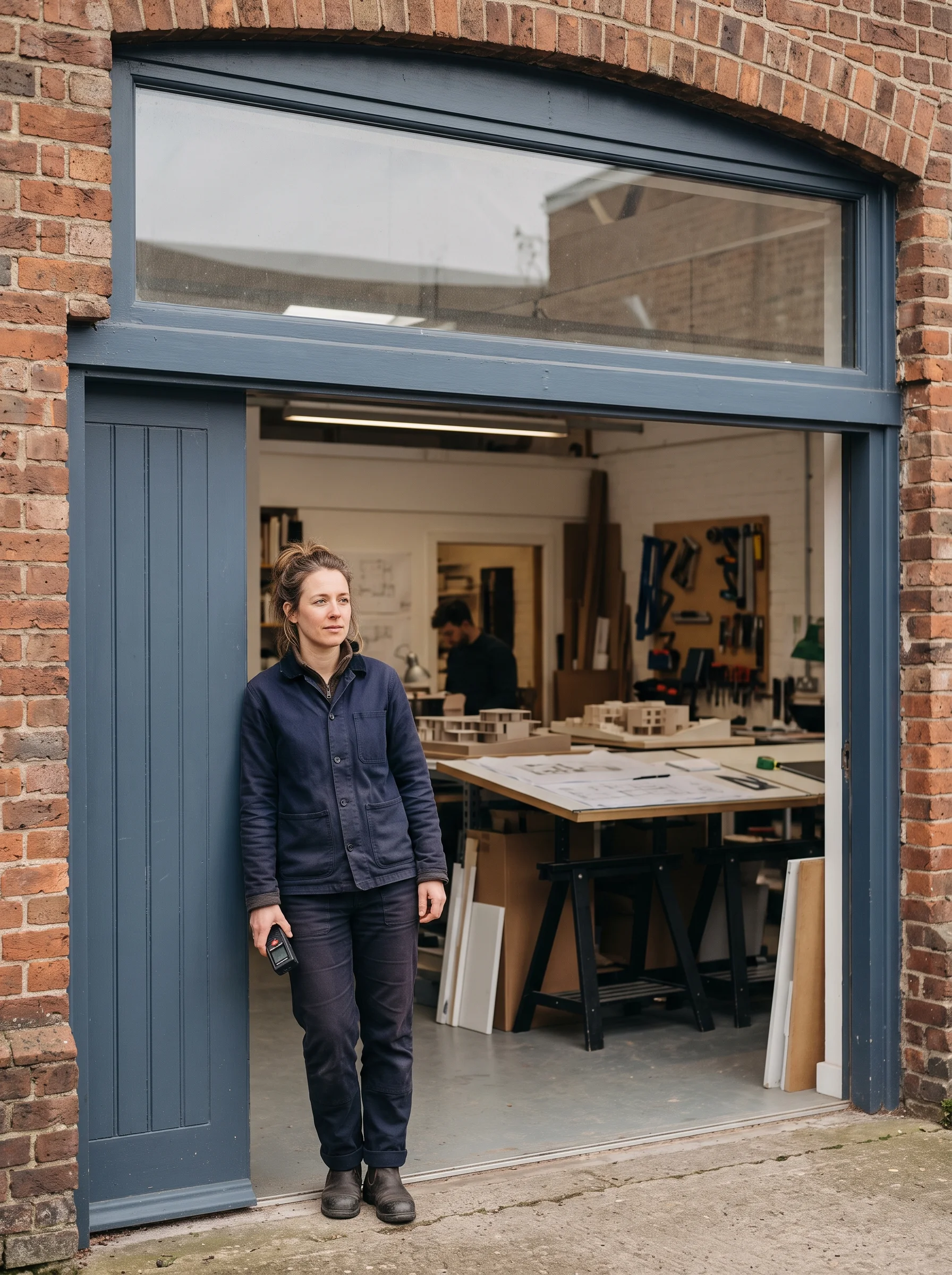 A woman in a blue jacket and matching trousers stands in the doorway of a workshop holding a laser measure.