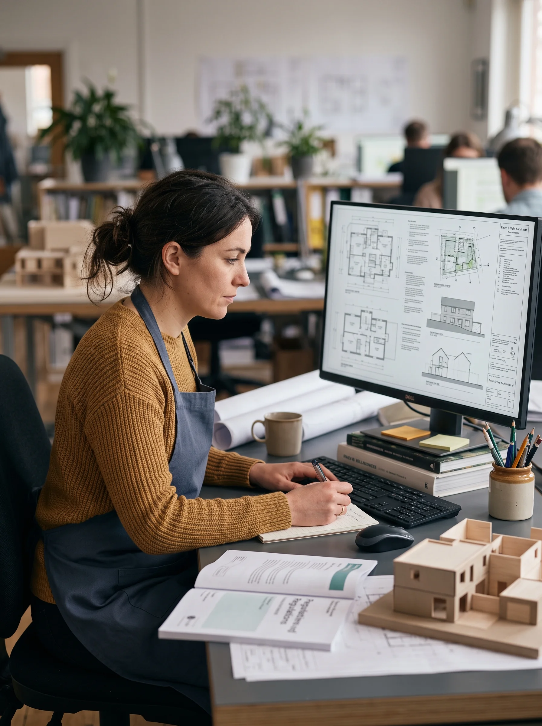 A woman wearing an apron sits at a desk in an office, writing in a notebook in front of a computer monitor displaying architectural drawings.