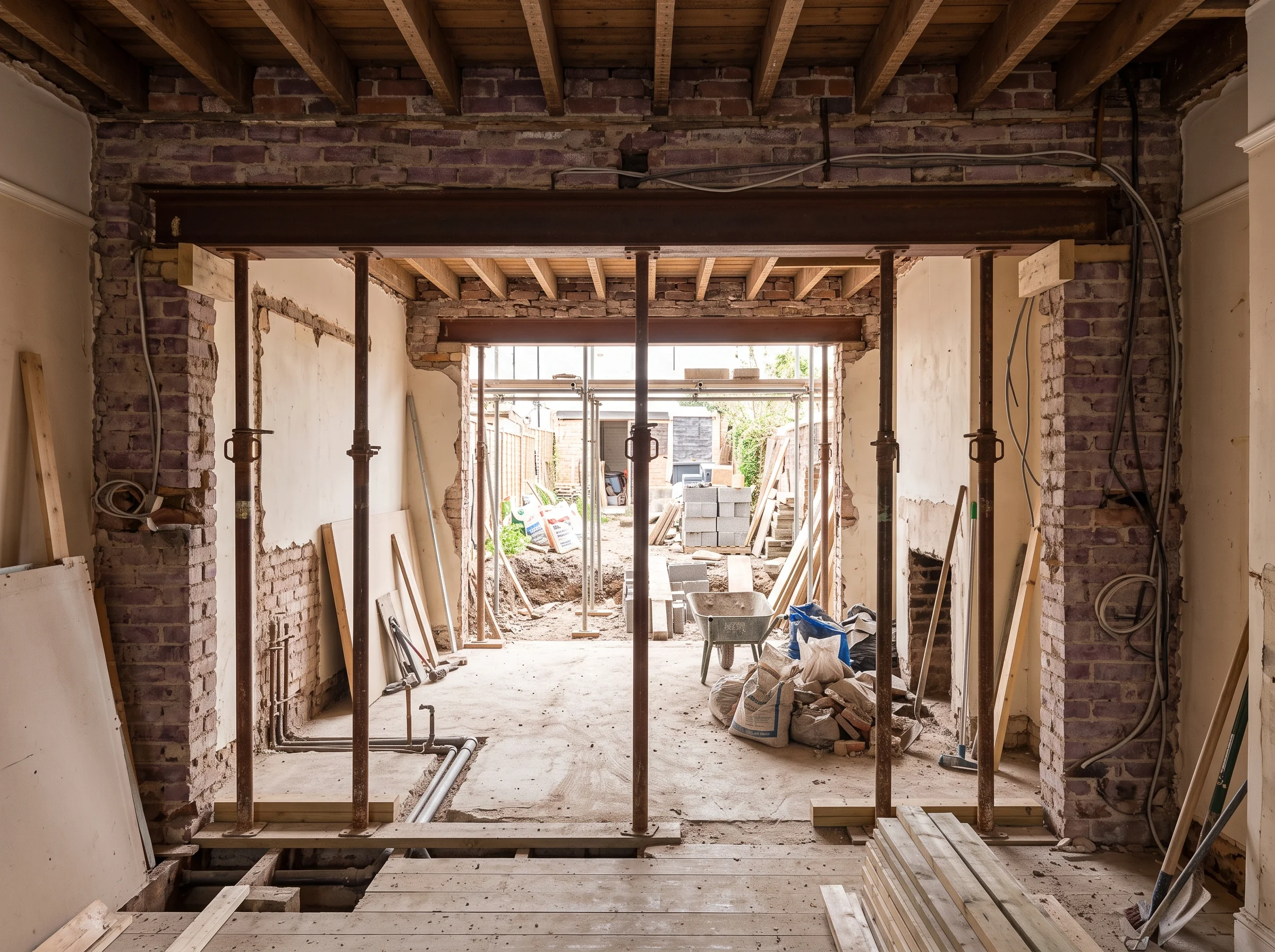 A house midway through refurbishment, with a new opening cut between two rooms and a steel beam on props
