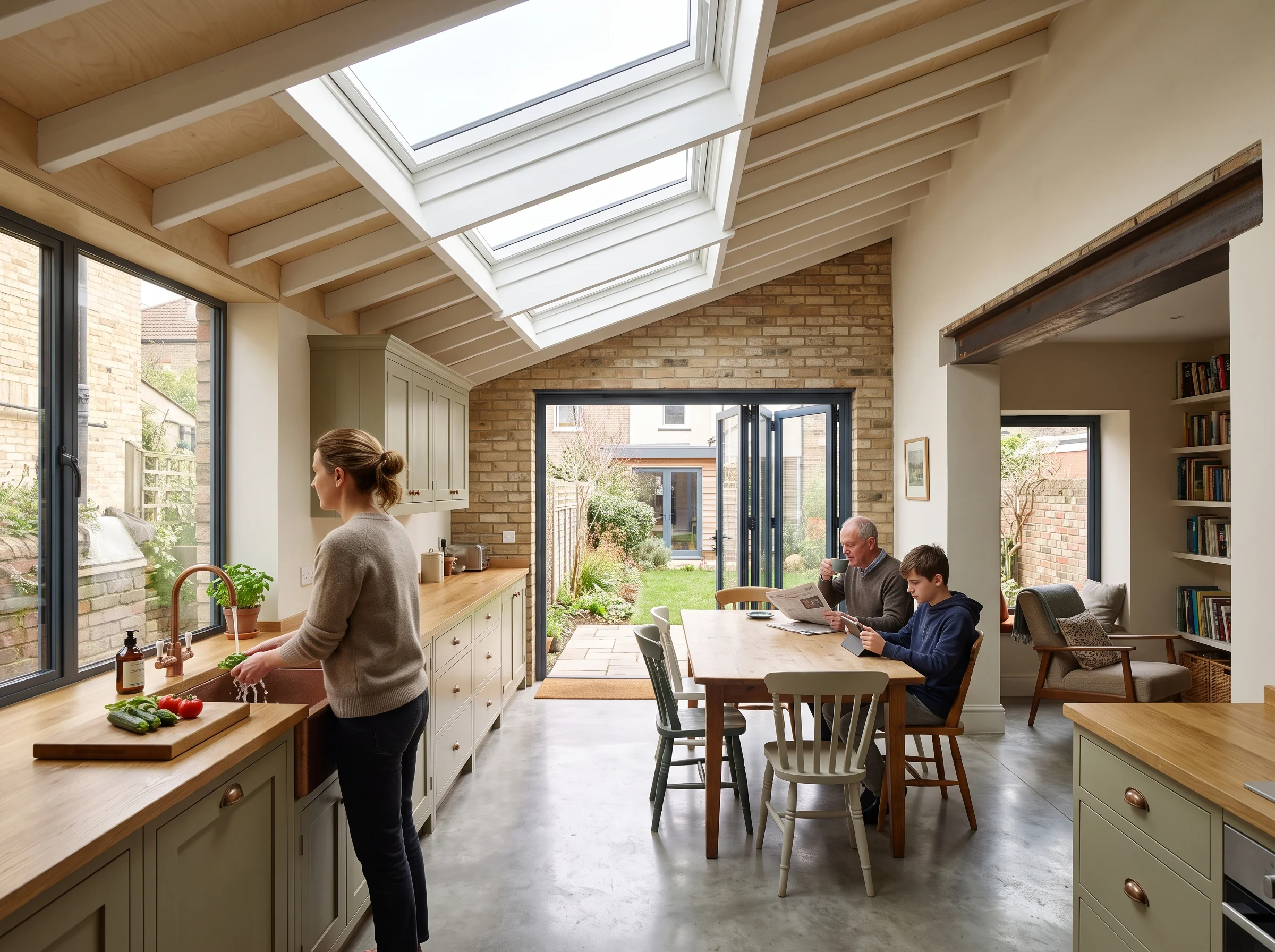 A side-return kitchen extension with a row of rooflights over the worktop, an exposed brick back wall, and a family using the dining area.