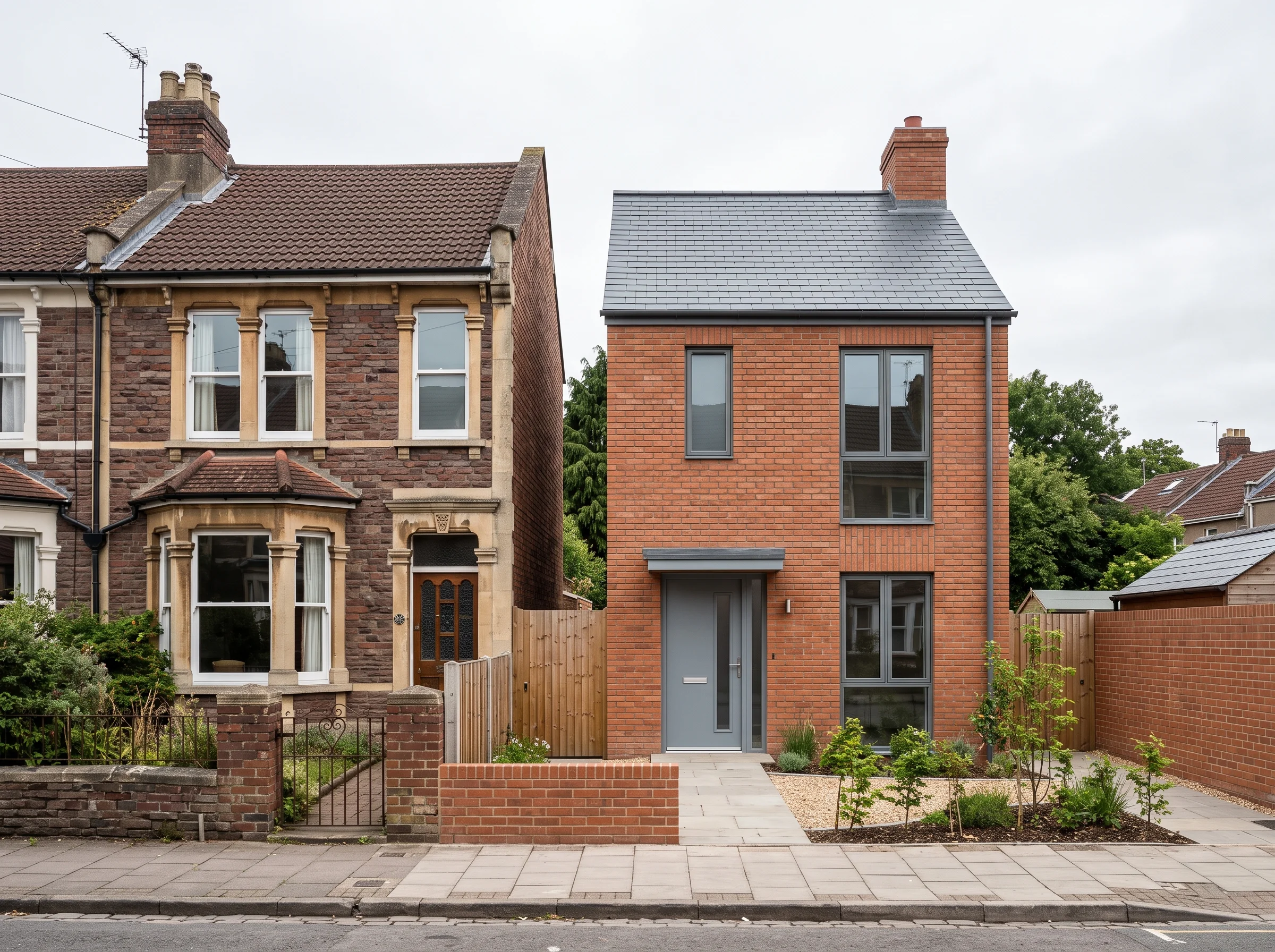 A small new brick house built on a narrow plot at the end of a Victorian terrace, seen from the pavement