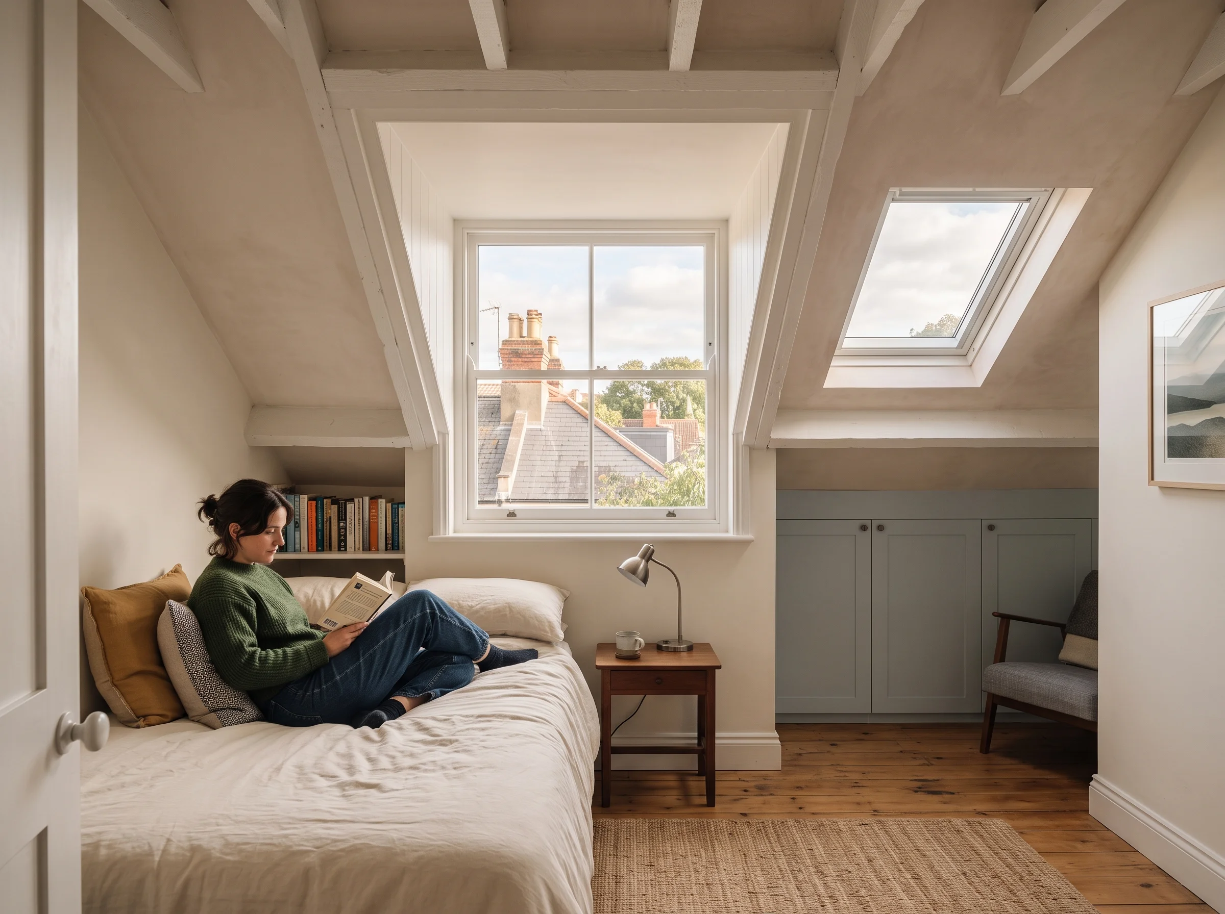 A loft bedroom with a wide rear dormer window looking over rooftops and cupboards built under the eaves
