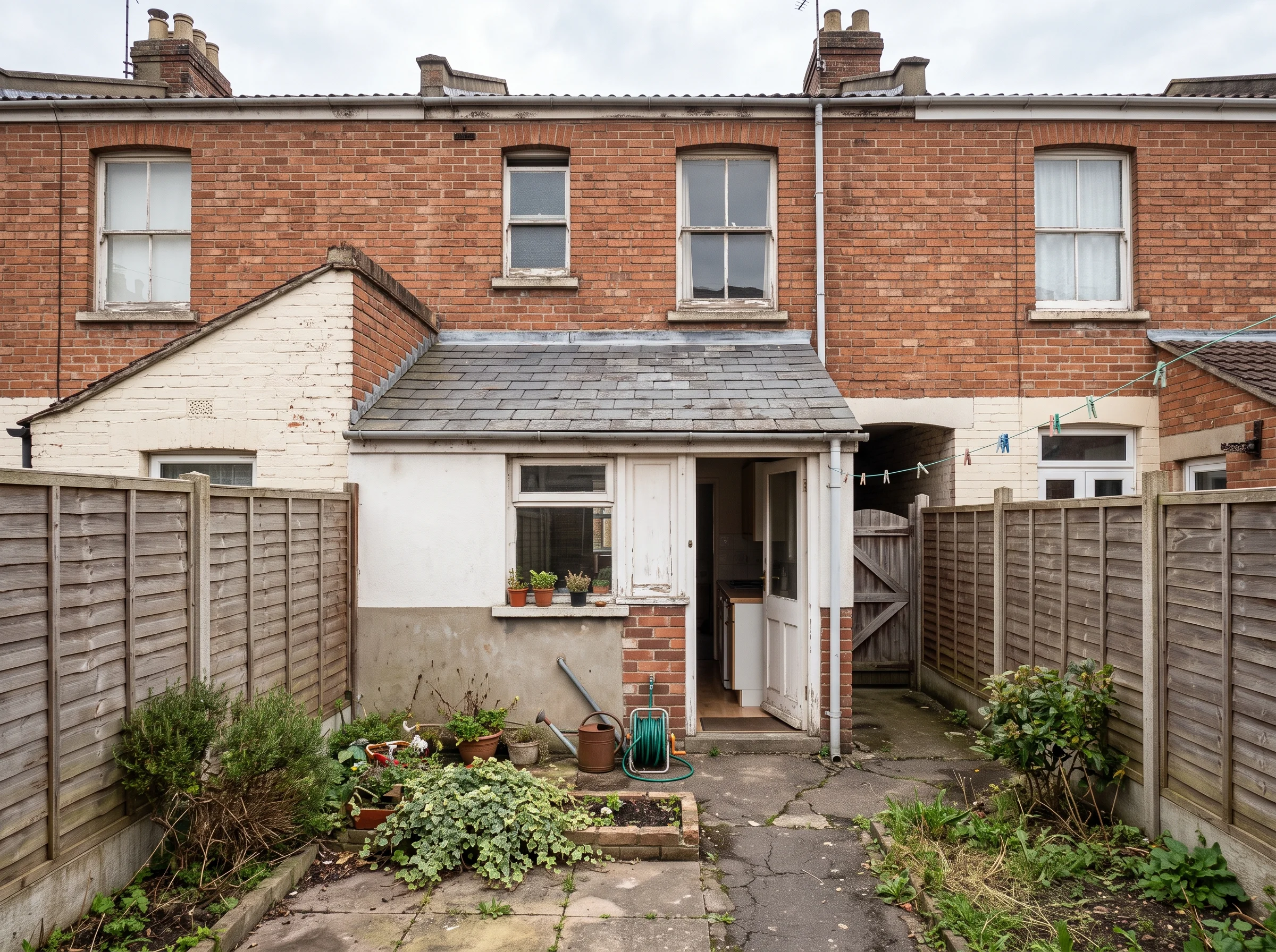 Before: the back of a small terrace with a peeling lean-to kitchen, a bathroom beyond it and a concrete yard