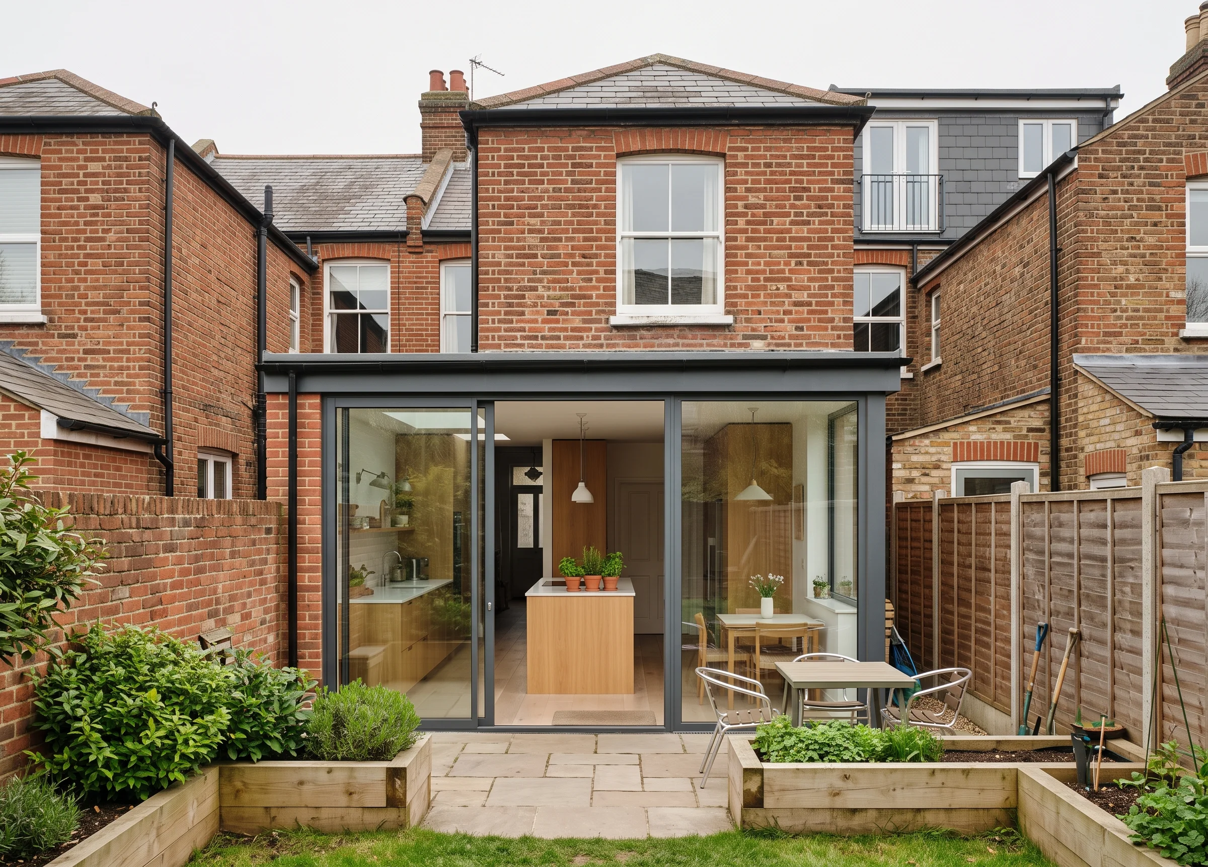 After: the same back of the small terrace with a compact brick and glass kitchen extension opening onto a paved yard
