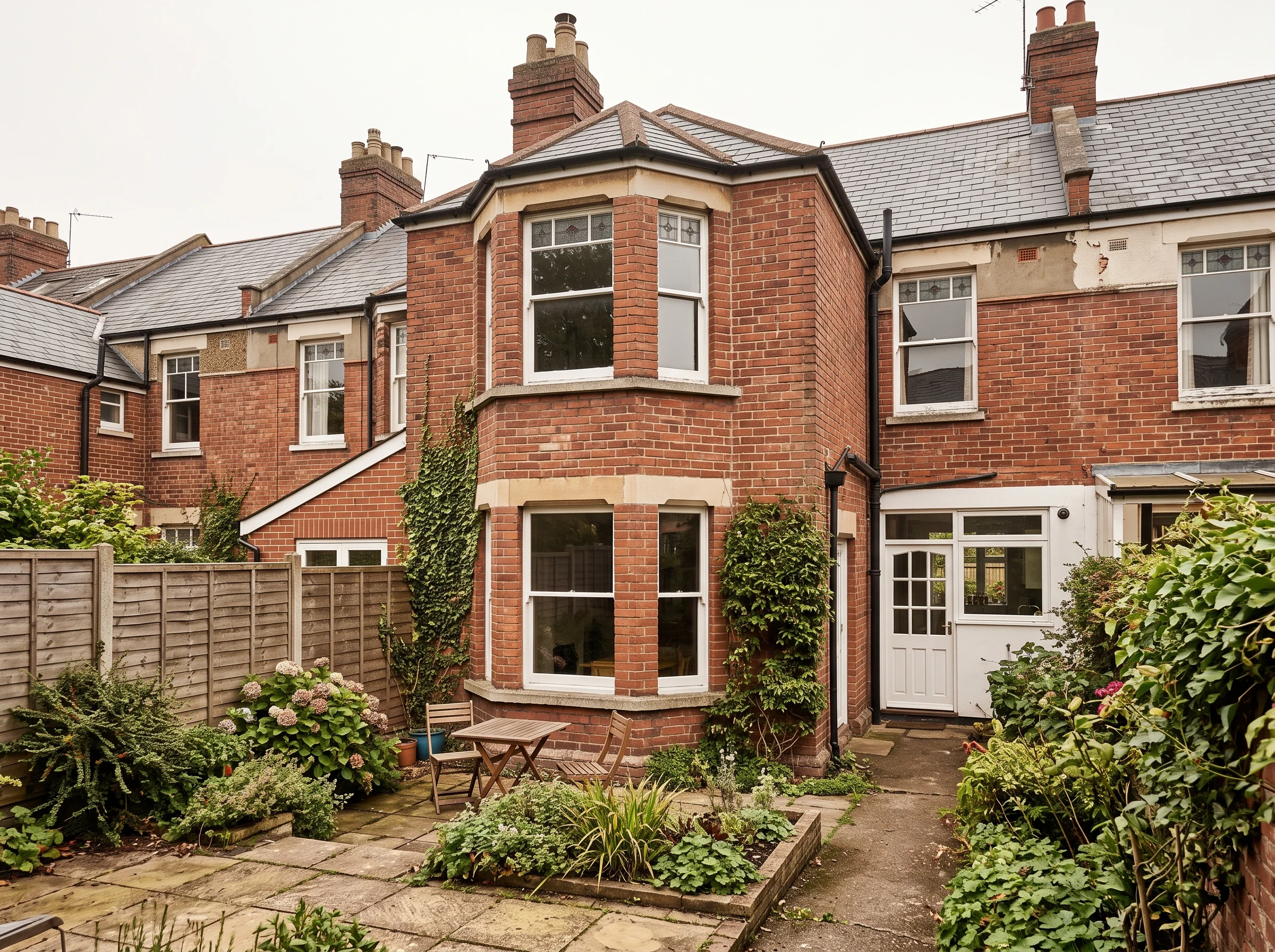 Exterior view of the back of a brick terrace house with a paved garden, wooden fence, and plants.