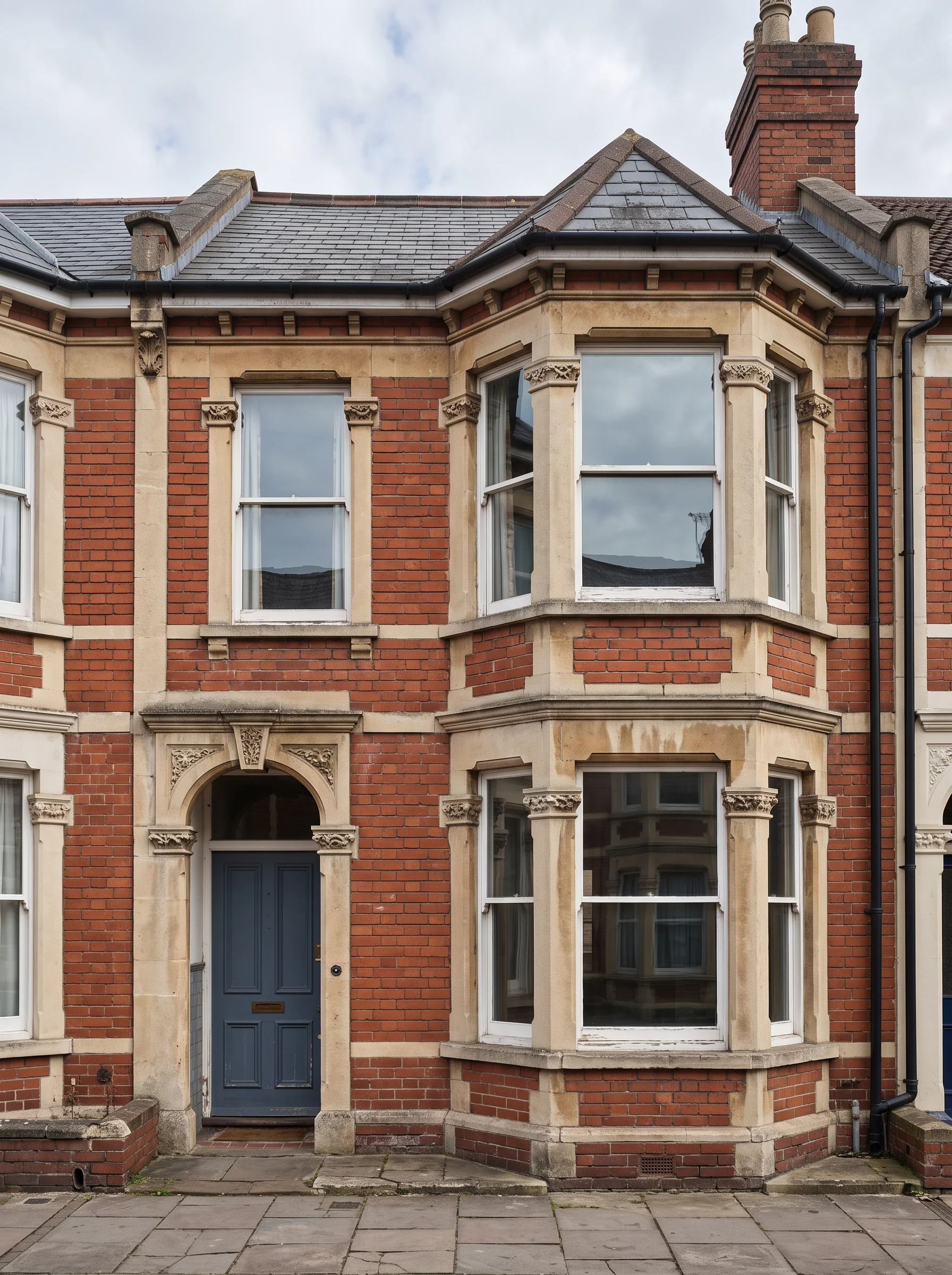 A red-brick bay-fronted Victorian terrace with stone dressings and a grey front door, seen from the pavement.