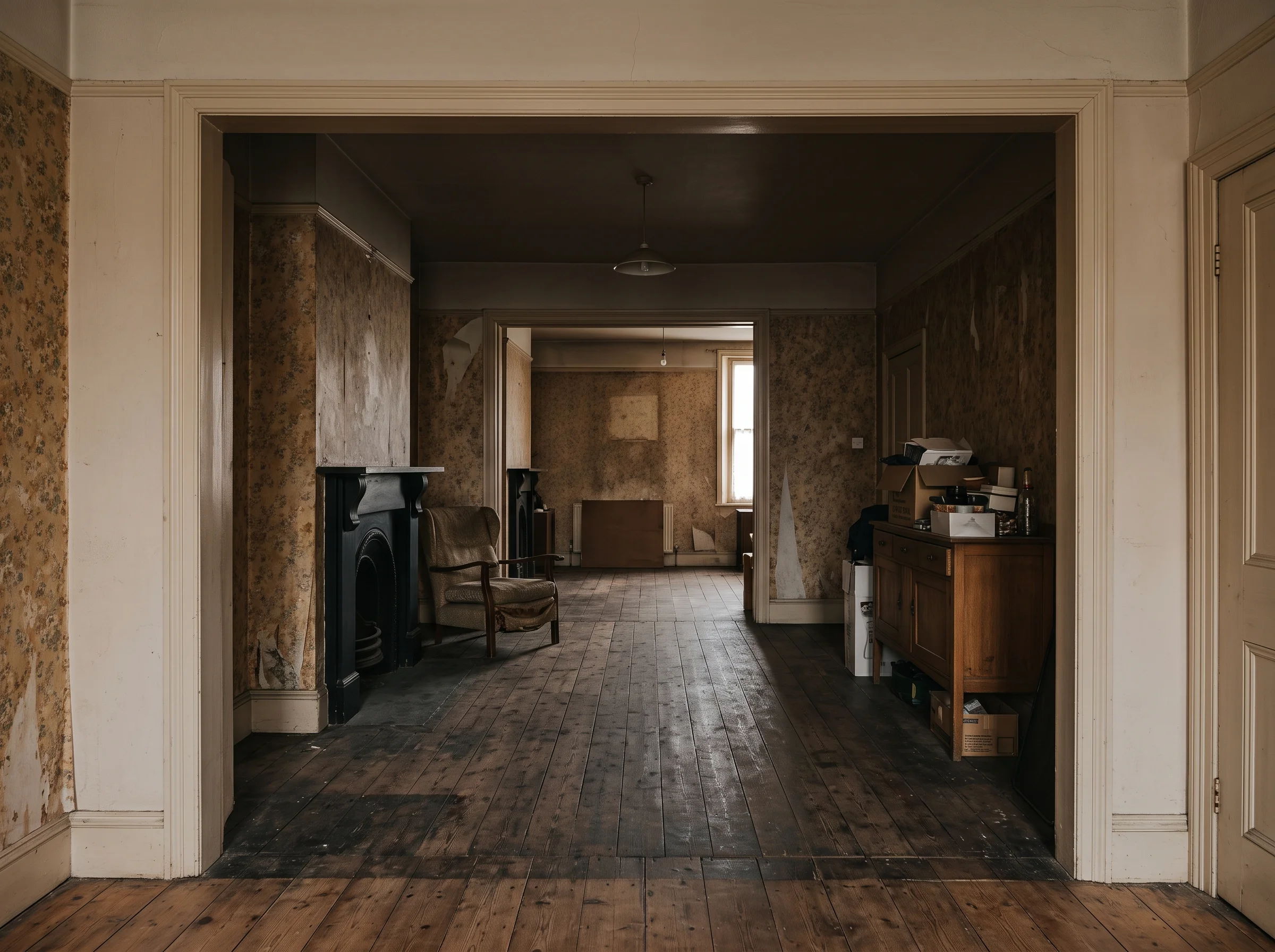 Before: the dark middle room of the terrace with one small side window and a closed door to the kitchen