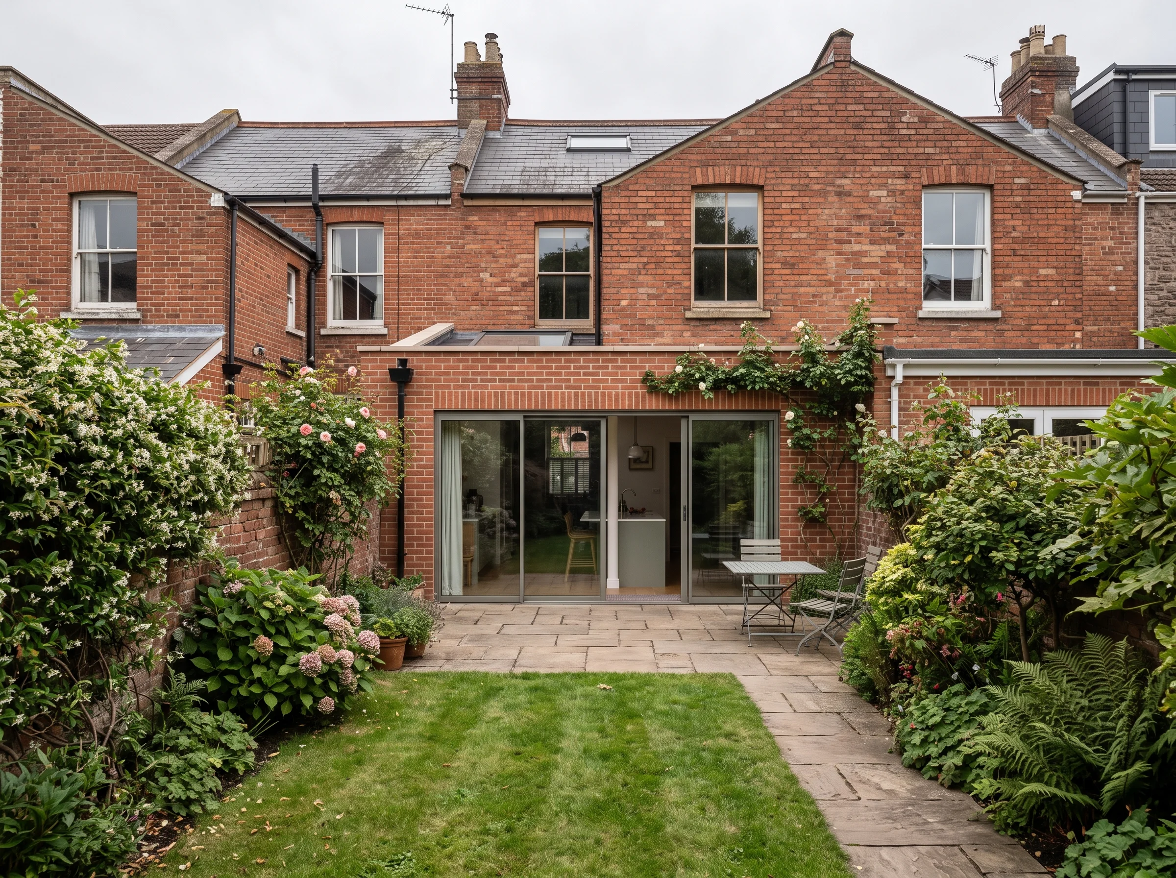 After: the same back of the terrace with the side return built in under three rooflights and glazed doors onto new paving