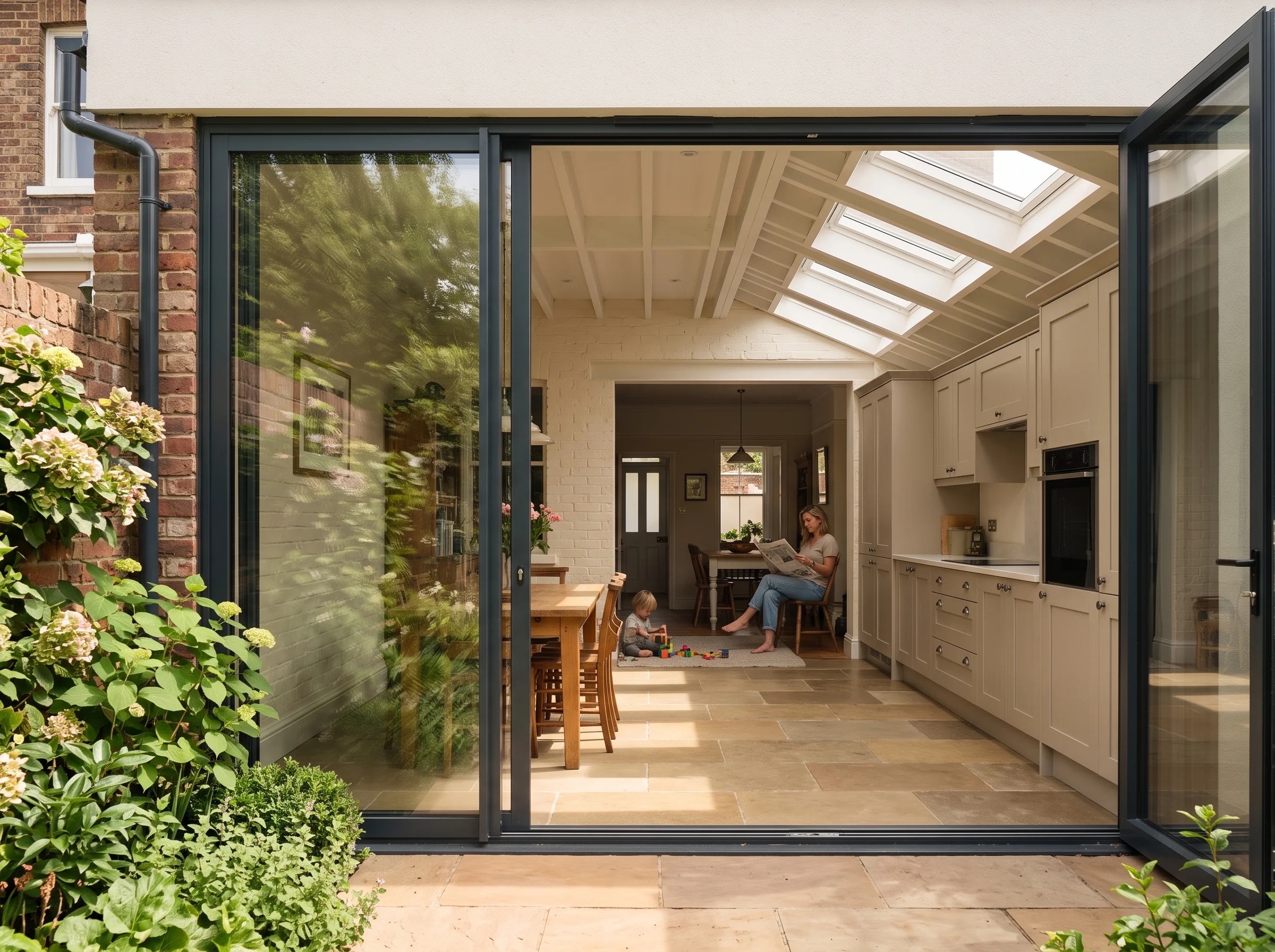 The side-return kitchen extension behind the same terrace, with rooflights lighting a long worktop toward the old back room