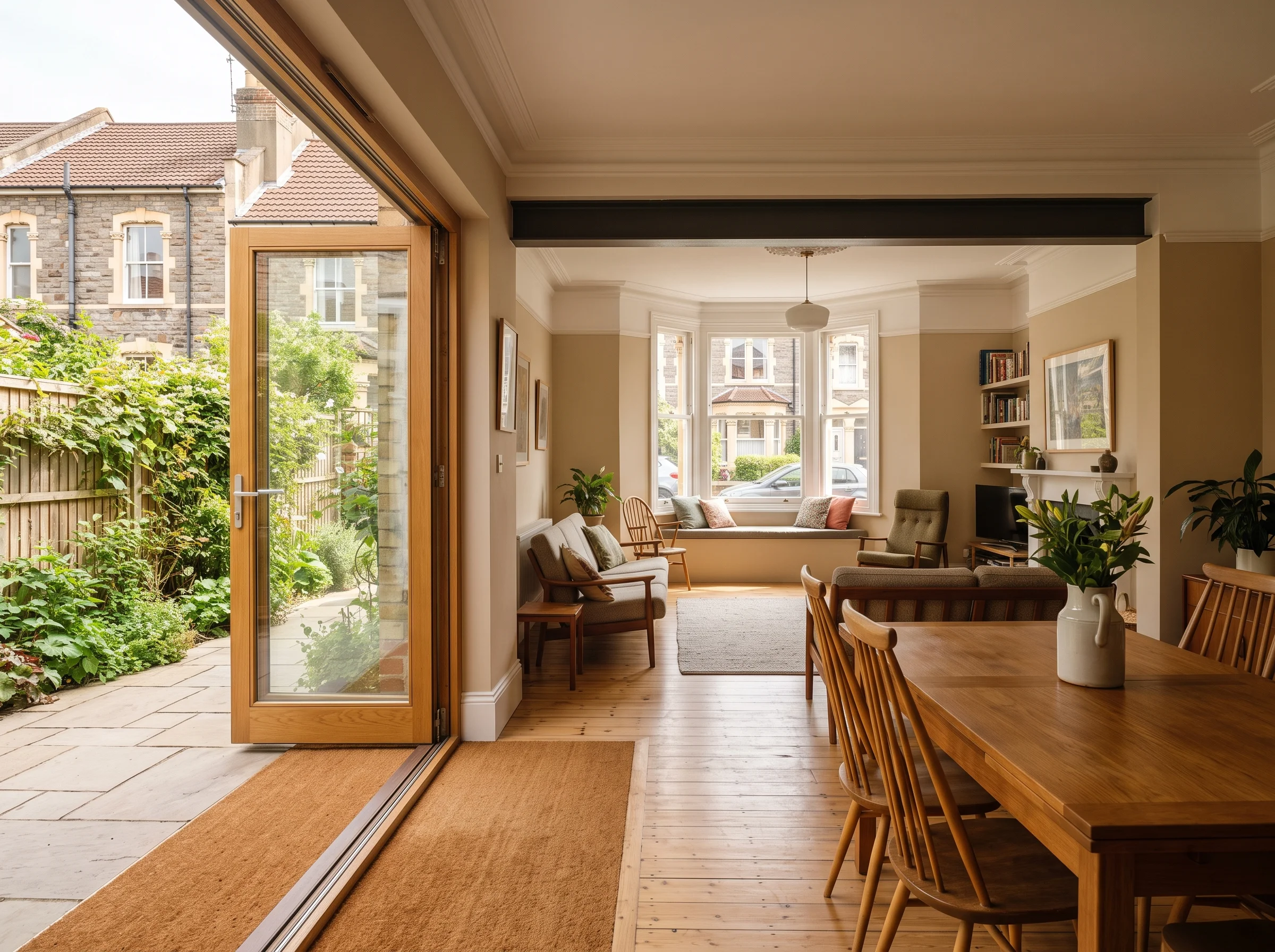 Looking from the garden doors through the kitchen and the old middle room to the front bay, all in daylight