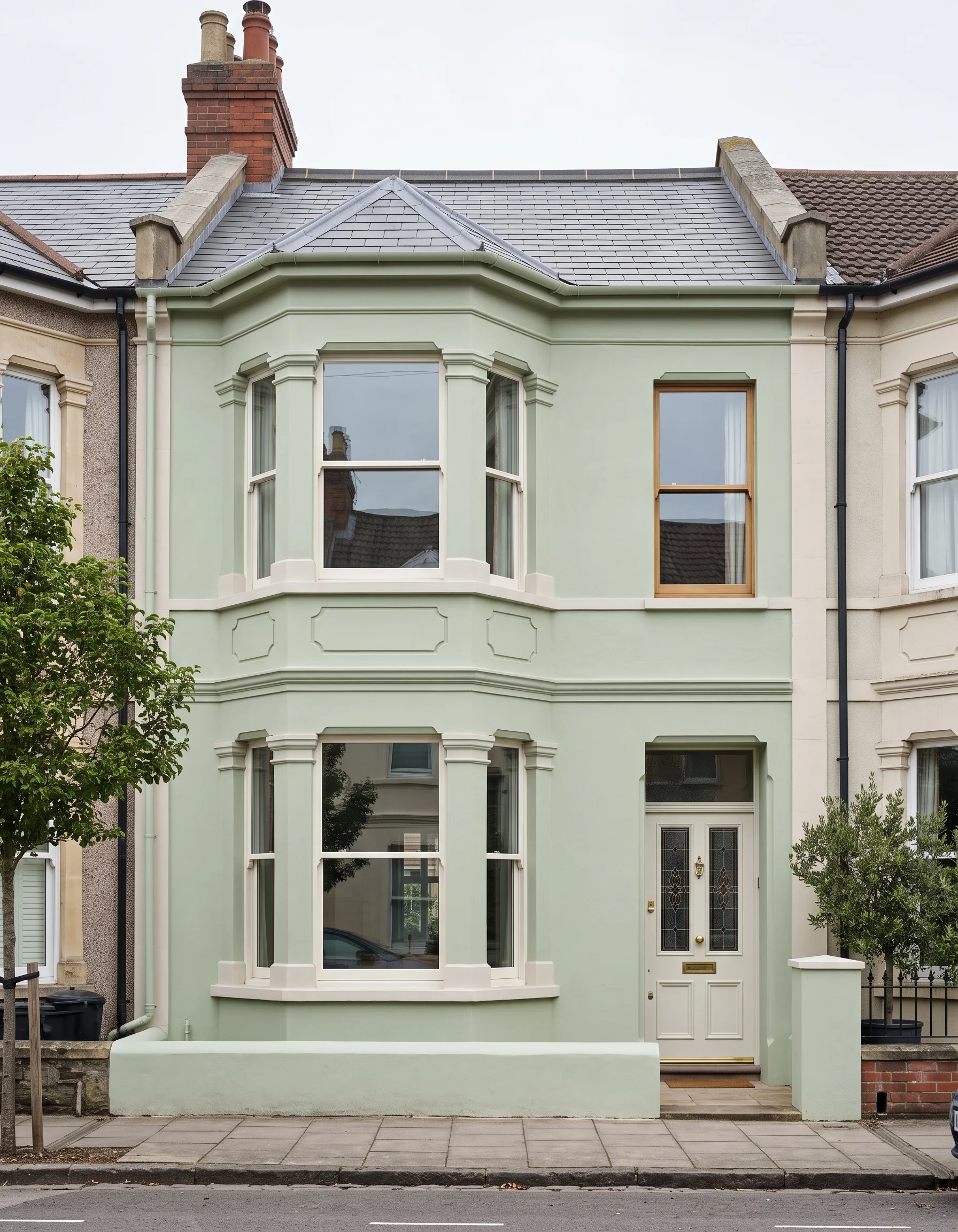 A pale green bay-fronted Victorian terrace with an off-white door, seen from the pavement.