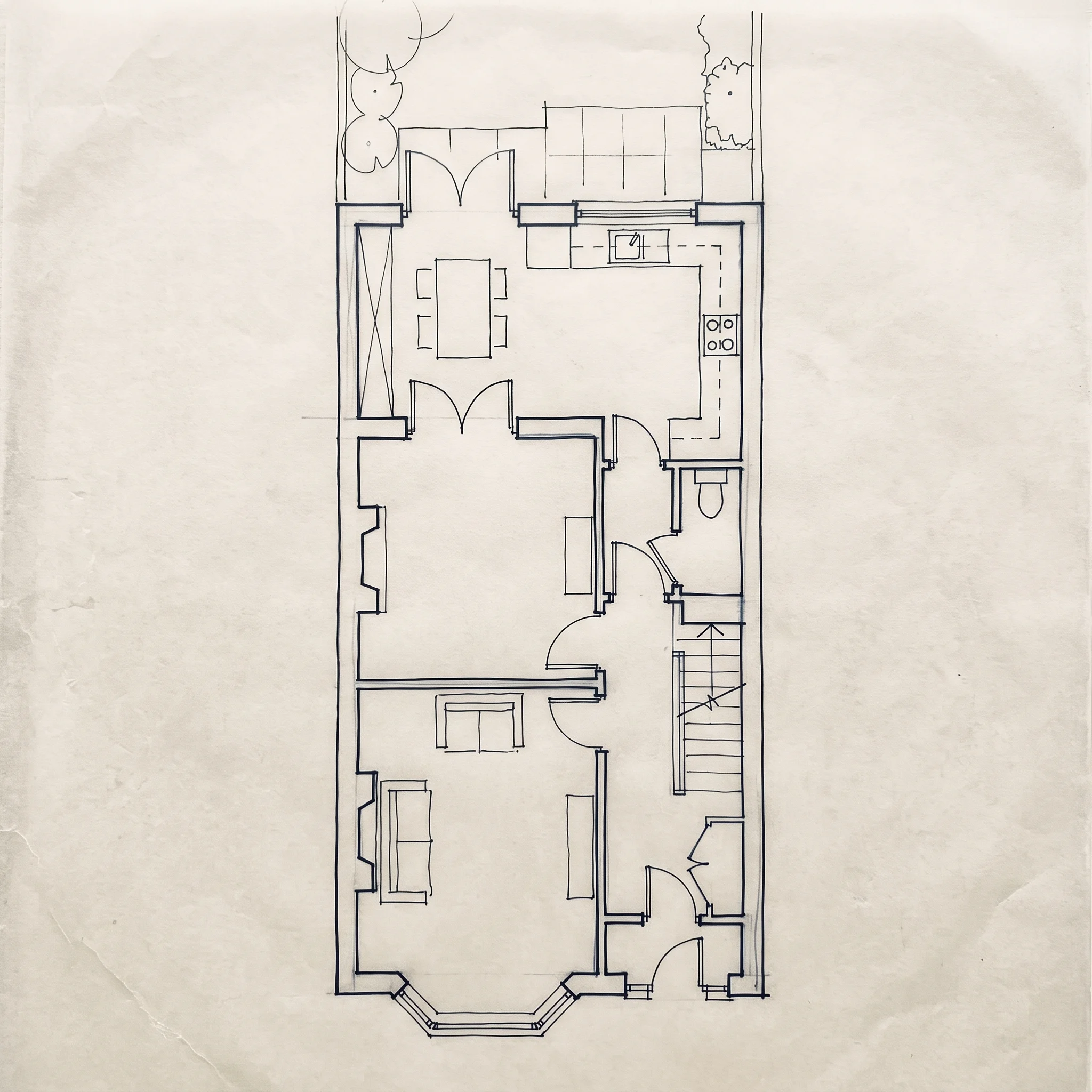 Hand-drawn plan sketch of a two-up two-down with the lean-to dotted out and a new glazed-ended kitchen drawn in