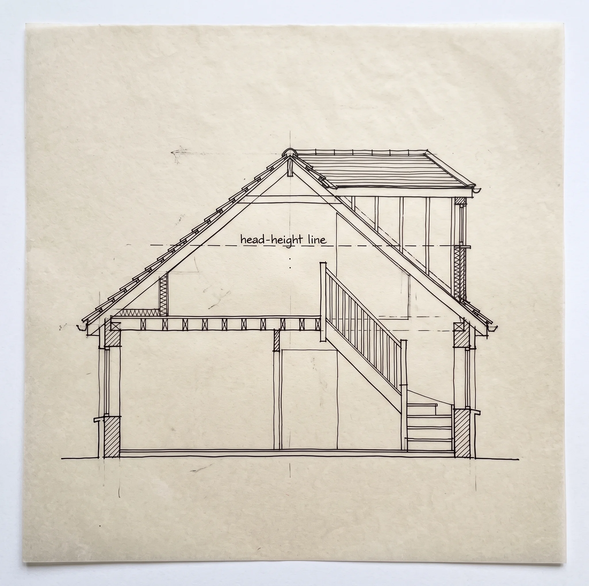 Hand-drawn roof section sketch of a semi with a rear dormer and a head-height line on cream paper.