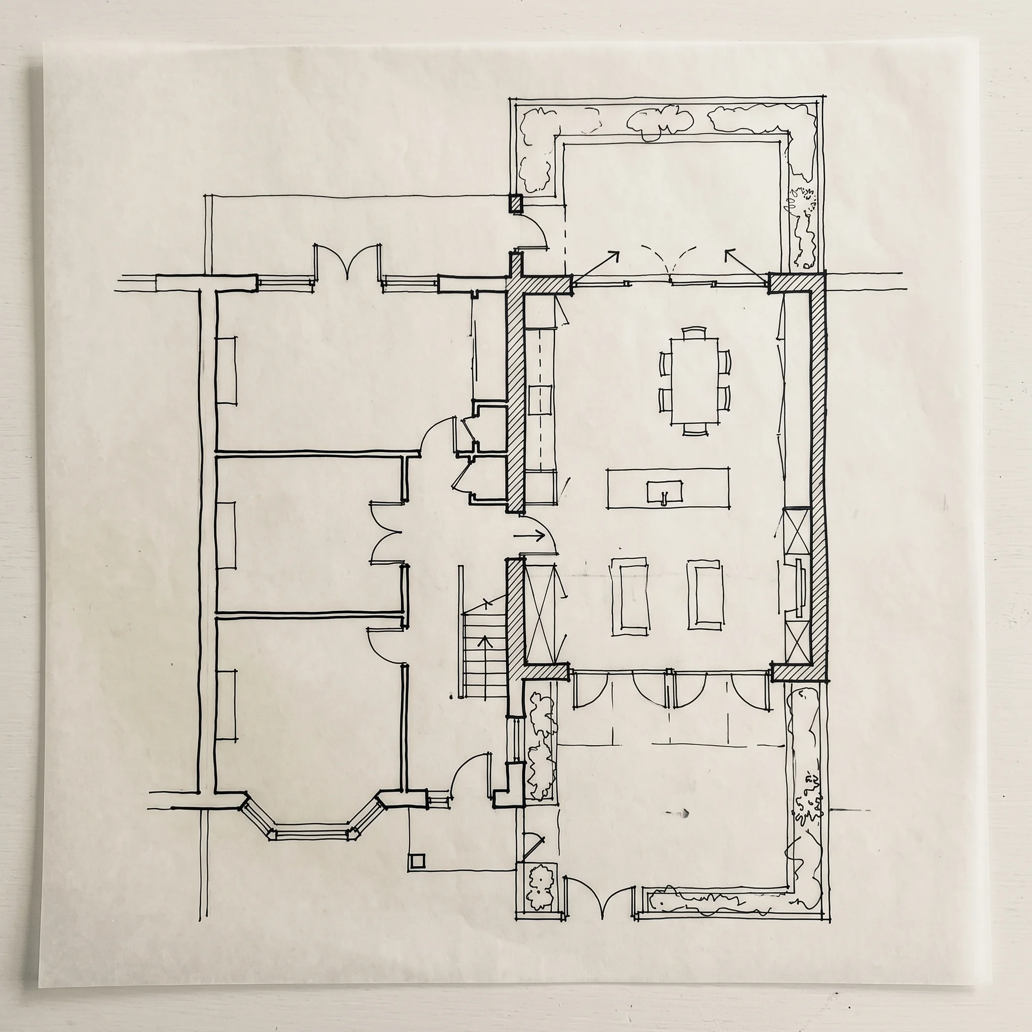 Hand-drawn plan sketch of a Victorian terrace ground floor with the side return filled in and a rooflight over the middle room