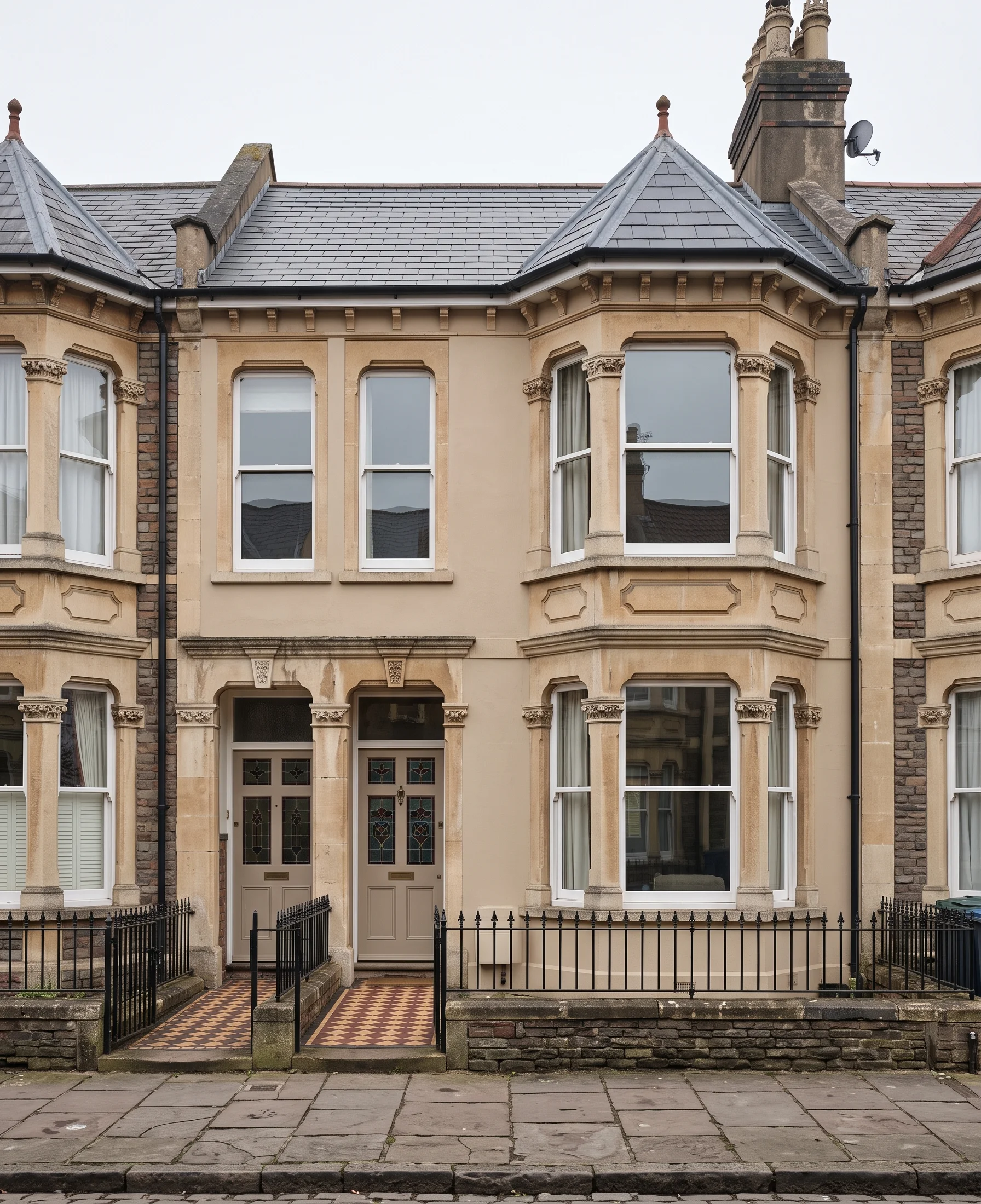 A bay-fronted Victorian terrace house with a two-storey bay and painted render, seen from the pavement