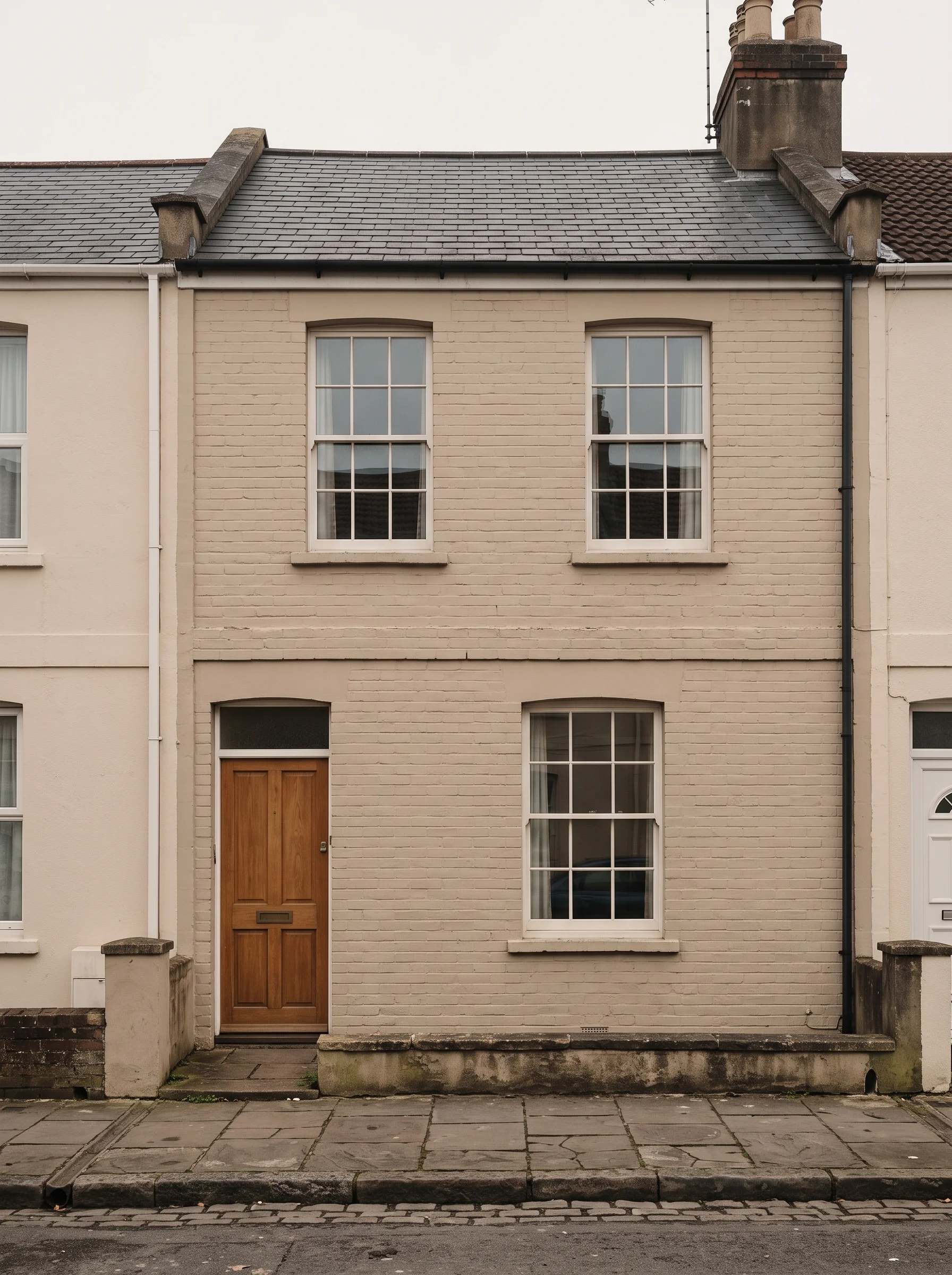 A narrow flat-fronted two-up two-down terrace house in painted brick, opening straight onto the pavement