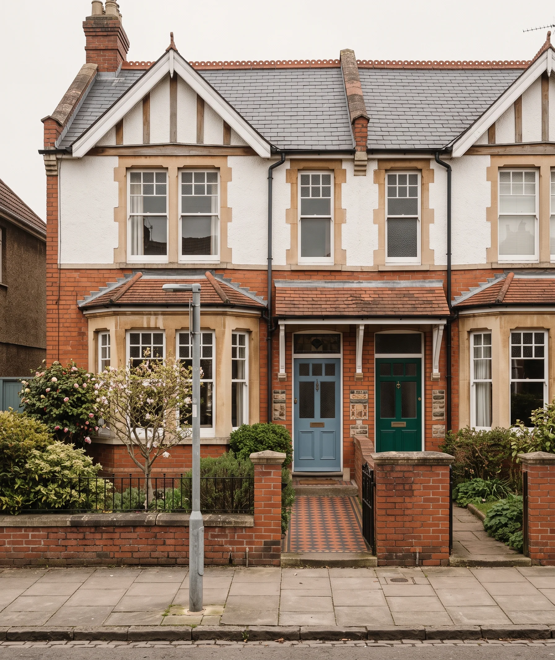 An Edwardian semi-detached house with a red-brick front, a gabled bay and a tiled porch, seen from the pavement